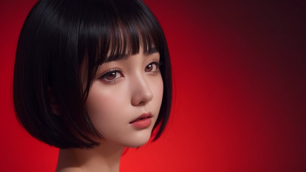 Delicate and dainty young woman with shiny bob-cut black hair . She is wearing bright red. The background is a fantastic and ethereal night sky that seems to be haunted by a specter. Her expression is stern and atmospheric. Angle from directly below. face closeup