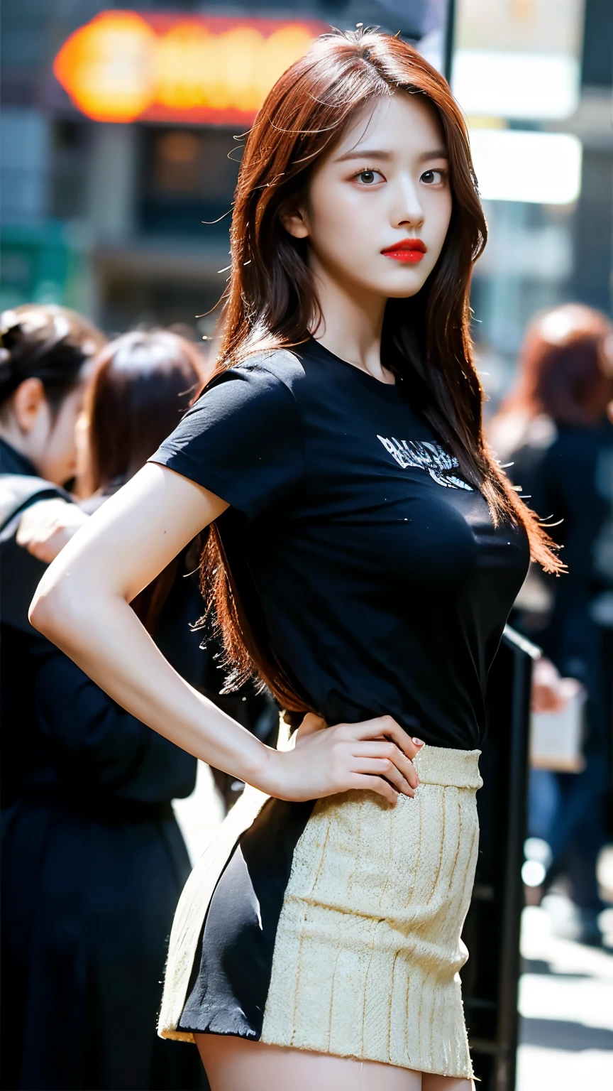 Beautiful girl college student, masterpiece, light makeup, red lips, redhead, messy long hair, pure background, beautiful, elegant. super fine details, masterpieces, realistic texture, cinematic lighting realism, perfect job, High resolution, exquisite features, black shirt, Black butt skirt, and exquisite curves