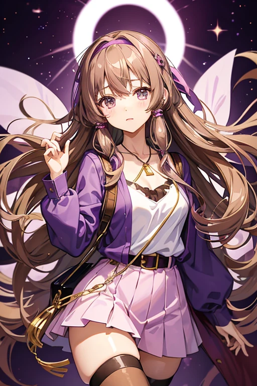 Yuzuki Yukari vocaloid 16 year old girl dark brown hair purple locks open light brown eyes light purple sweater rabbit print light lilac shirt blue jeans long brown boots gold cross necklace purple headband looking directly at viewer on a pink background