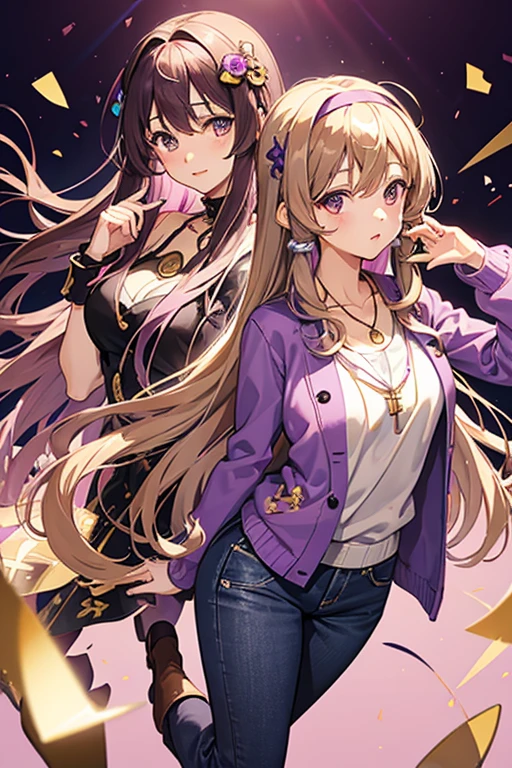 Yuzuki Yukari vocaloid 16 year old girl dark brown hair purple locks open light brown eyes light purple sweater rabbit print light lilac shirt blue jeans long brown boots gold cross necklace purple headband looking directly at viewer on a pink background