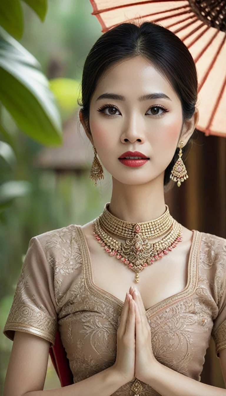 An exquisite Thai woman dressed in traditional Thai attire, adorned with delicate Thai jewelry, set against the backdrop of an ancient Thai house. The image should showcase the intricate details and unique cultural essence of Thailand clearly."