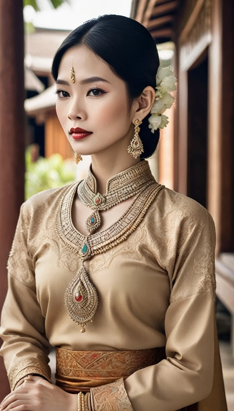 An exquisite Thai woman dressed in traditional Thai attire, adorned with delicate Thai jewelry, set against the backdrop of an ancient Thai house. The image should showcase the intricate details and unique cultural essence of Thailand clearly."