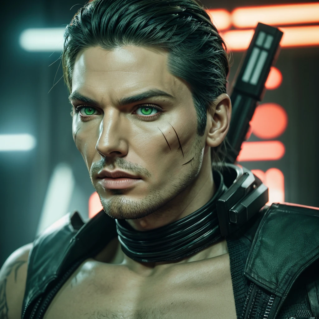 raw candid portrait, Close-up photo of Adam Lambert sith from star wars, brutal, broad shoulders, several battle scars on the face and body, big lips, whole body, High cheekbones, long scar on left cheek, Playful, Slavic heritage, короткие русые волосы, (green eyes:1.4), realistic skin texture, tall and muscular, Futuristic fashion, blemished skin with several battle scars, снято на Sony Alpha A6500 1.4, very detailed, 32k