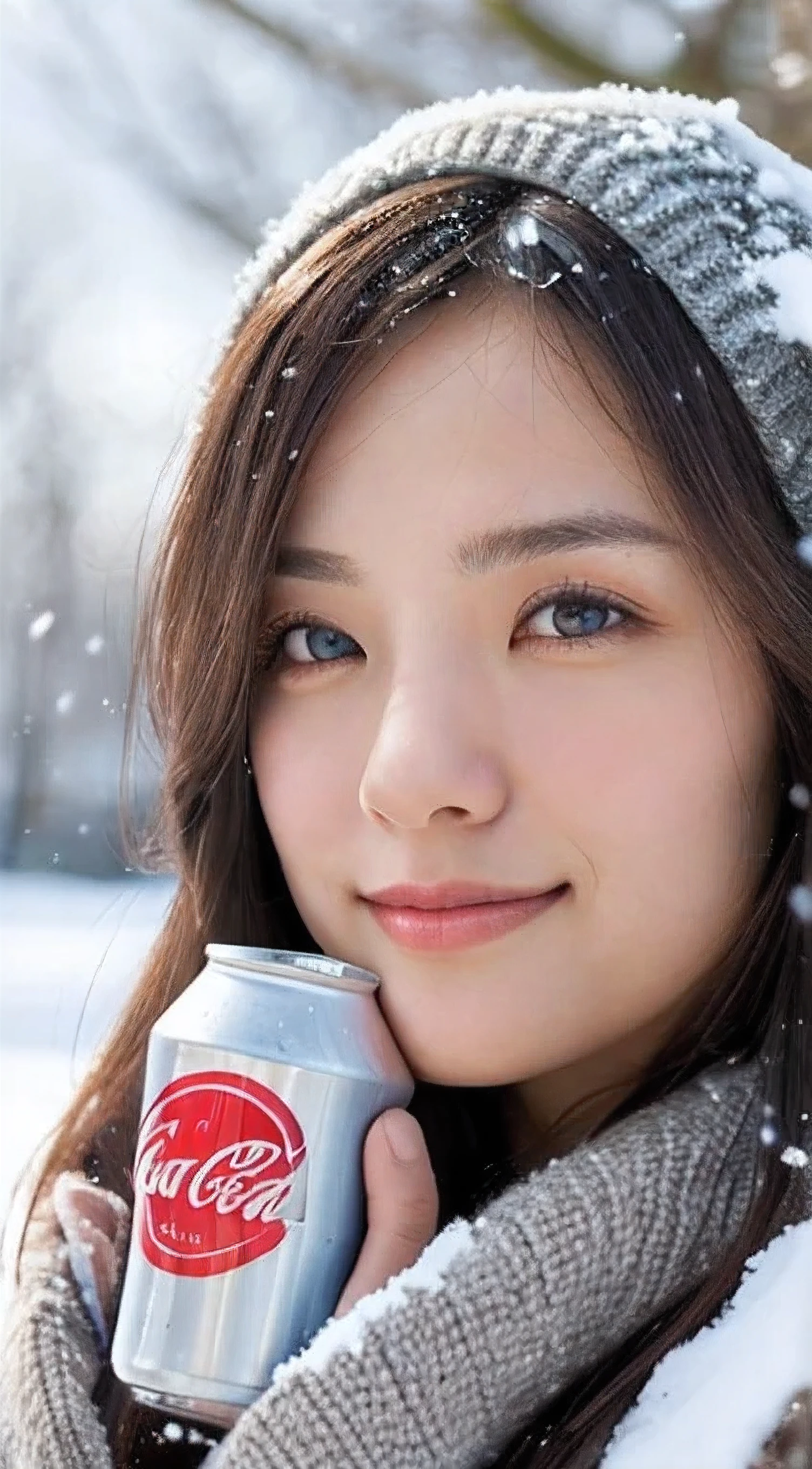 (masterpiece:1.35),(best-quality:1.4),8k,ultra-detailed,photography,(ultra-realistic:1.4),adult girl,long hair,sweater,snowing background,holding energy drink, coca cola brand,beautiful detailed eyes,beautiful detailed lips,extremely detailed face and eyes,longeyelashes,winter,snow,cozy,warm,smiling,calm,natural lighting,soft colors,glowing skin,intricate details