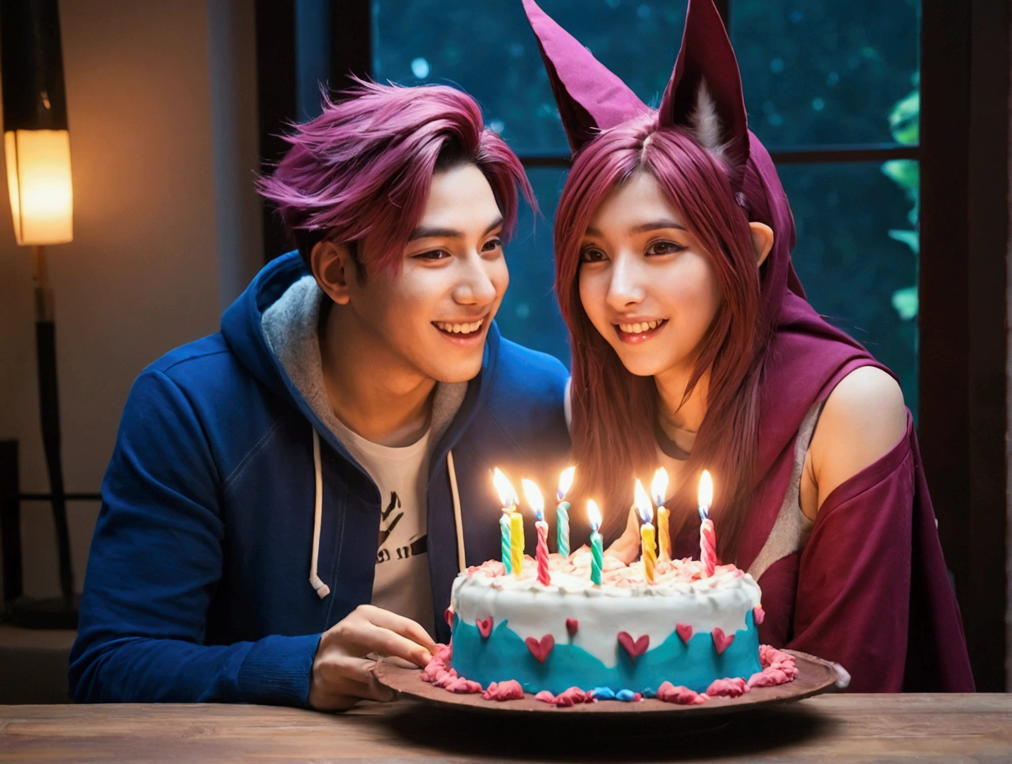 Best quality, 1girl, 1boy, happy, surprise, birthday , cake, xayah, rakan, League Of Legends, vastaya, couple