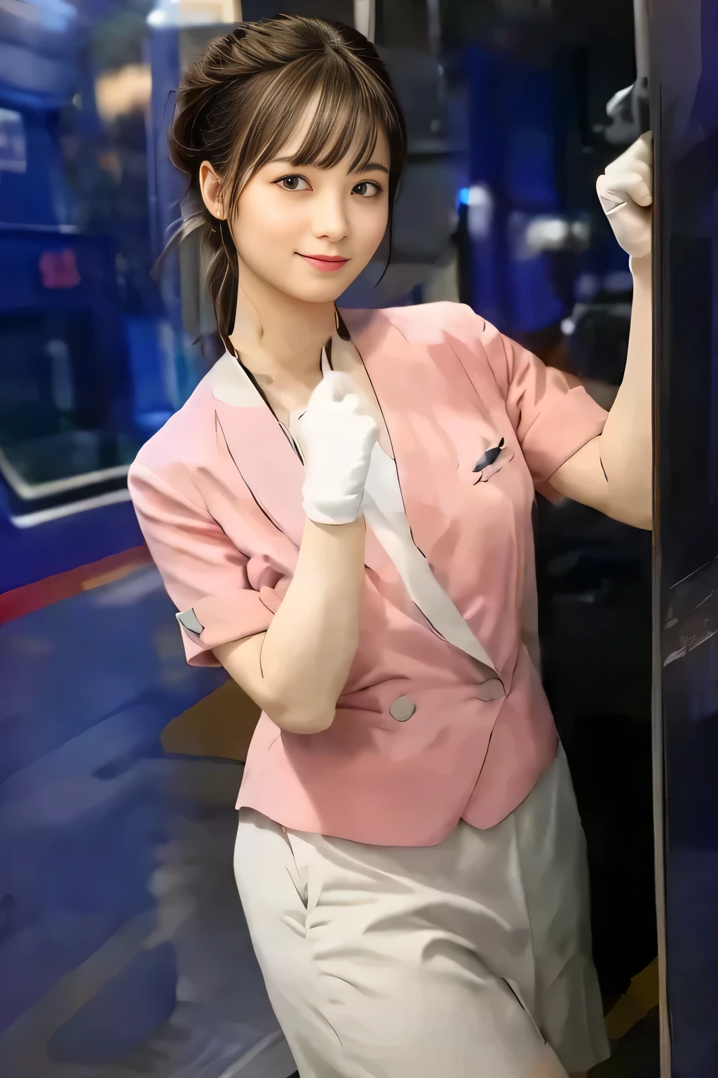 (masterpiece:1.2, Highest quality:1.2), 32k HDR, High resolution, (alone、1 girl)、(On the roof of a building in the daytime、Professional Lighting)、Building rooftop background、(Nankai train crew uniform pinkを着たリアルスタイル)、(Nankai Railway crew uniform, pink, short sleeve, collarless, pink jacket、No-collar short-sleeve blouse、Grey knee-length culottes)、((The bottom of the pink short-sleeved jacket cannot be tucked into the clay-colored culottes..))、Dark brown hair、(Hair tied up、Chignon)、Dark brown hair、Long Shot、Big Breasts、Thin legs、((Great hands:2.0)),((Harmonious body proportions:1.5)),((Normal limbs:2.0)),((Normal finger:2.0)),((Delicate eyes:2.0)),((Normal eyes:2.0)))、smile、(A beautiful figure showing off the Nankai Railway crew uniform)、Bring your hands down