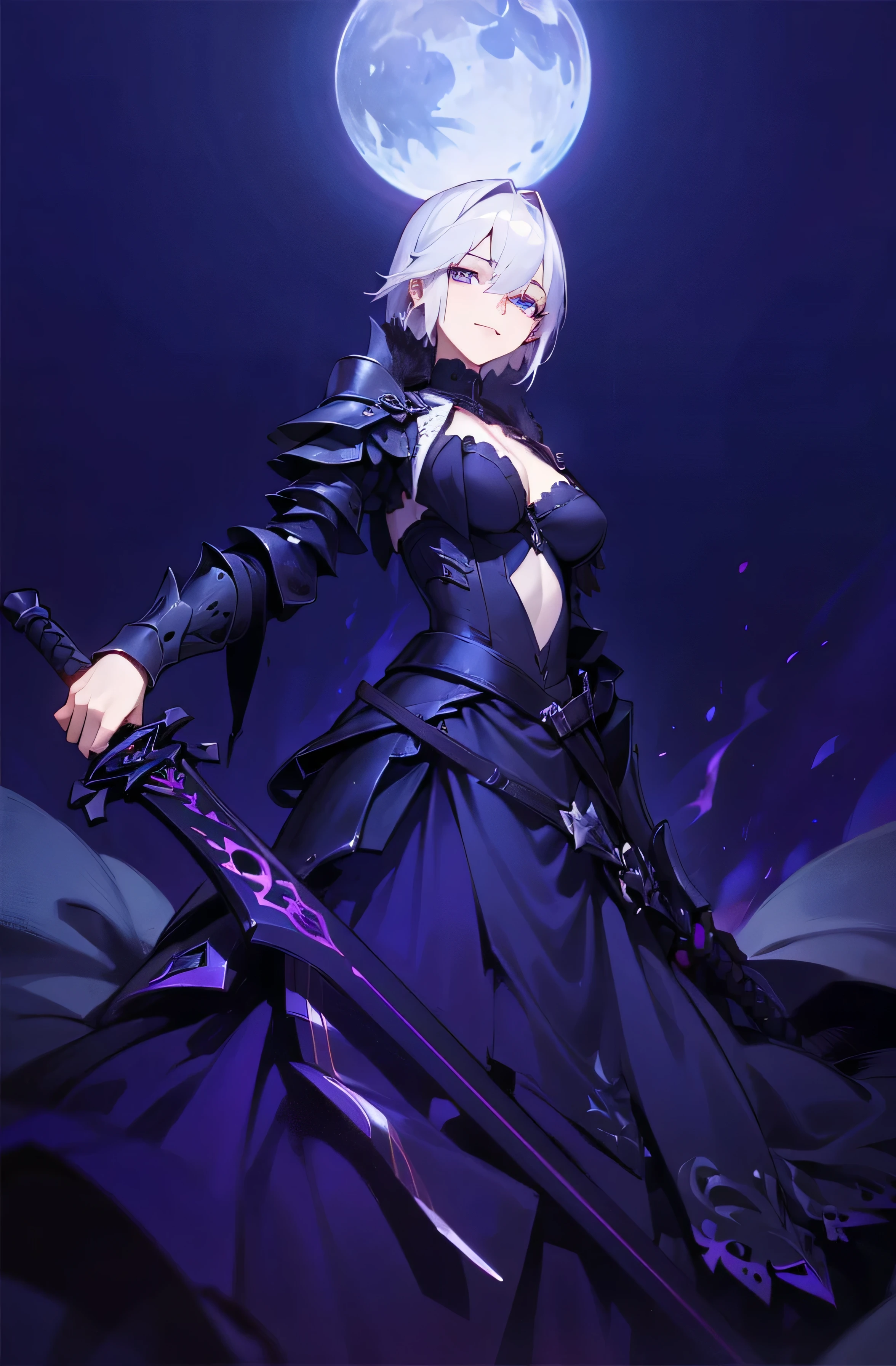 1mature woman, big breasts, (((masterpiece))), (((best quality, best resolution, 8k))), faint evil smile, short silver hair, dark aura around the body, perfect body, weapon, unsheathed sword in left hand, beautiful face , perfect face, perfect body, purple light reflection, light bias, purple-red gradation, eerie atmosphere, black flames, detailed eyes ((perfect eyes)), black armor dress, best anatomy