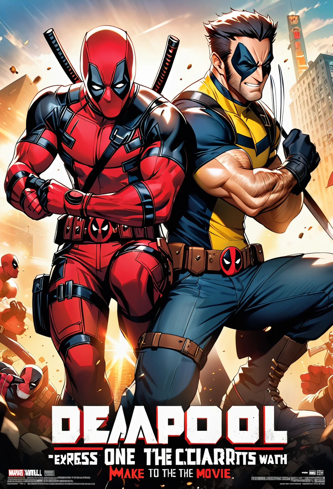 1Deadpool & 1Wolverine, marvel Characters, Dynamic Action, Promotional poster for new movie, Express the charm of the characters to the fullest, Make the viewer want to watch the movie,