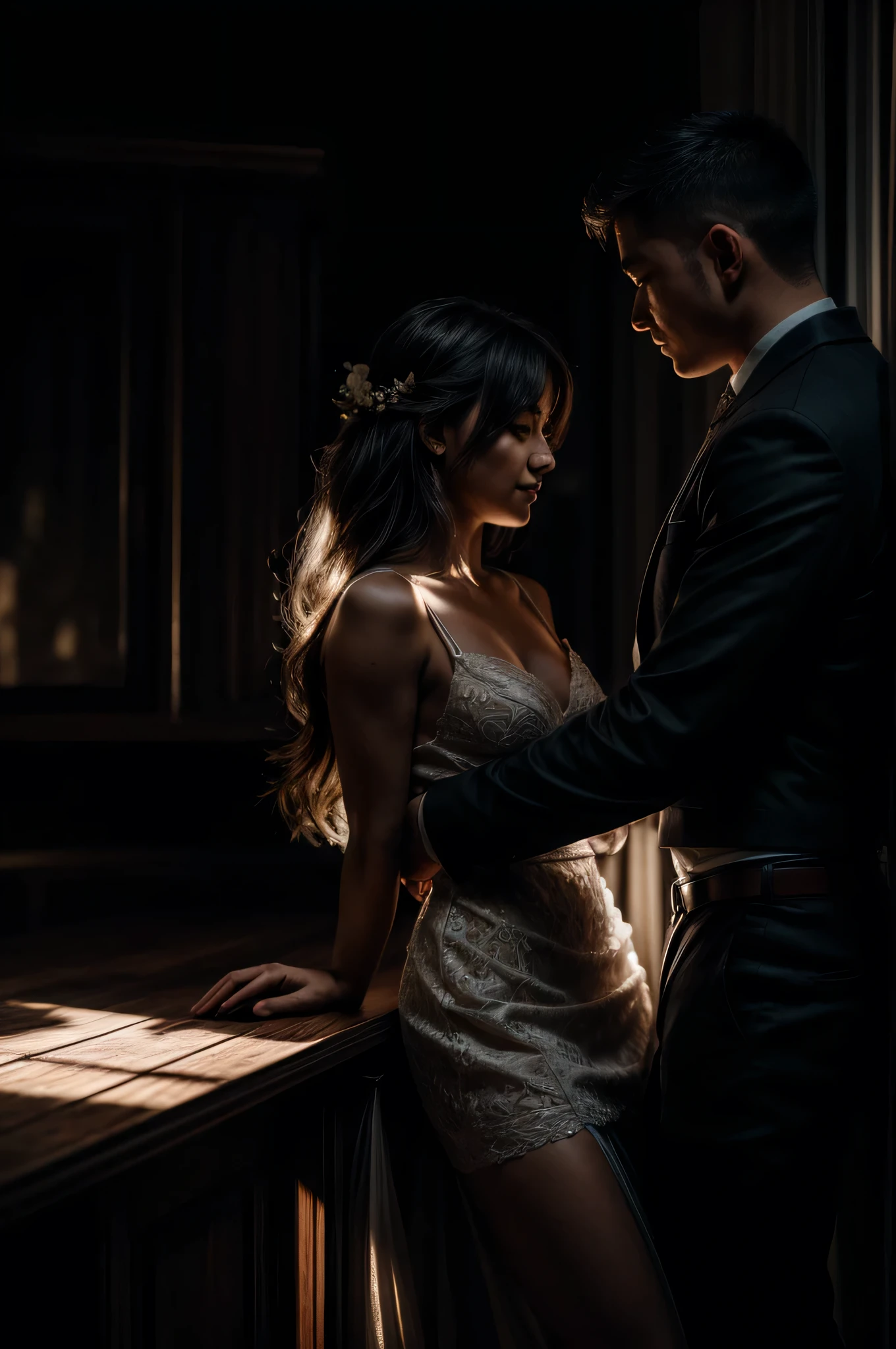 Man couple dating on top of a broken table. 4K resolution captures every detail, from the texture of the dress's fabric to the delicate play of shadows and light on the skin. vivid, emotionally charged moment. portrait, perfect faces