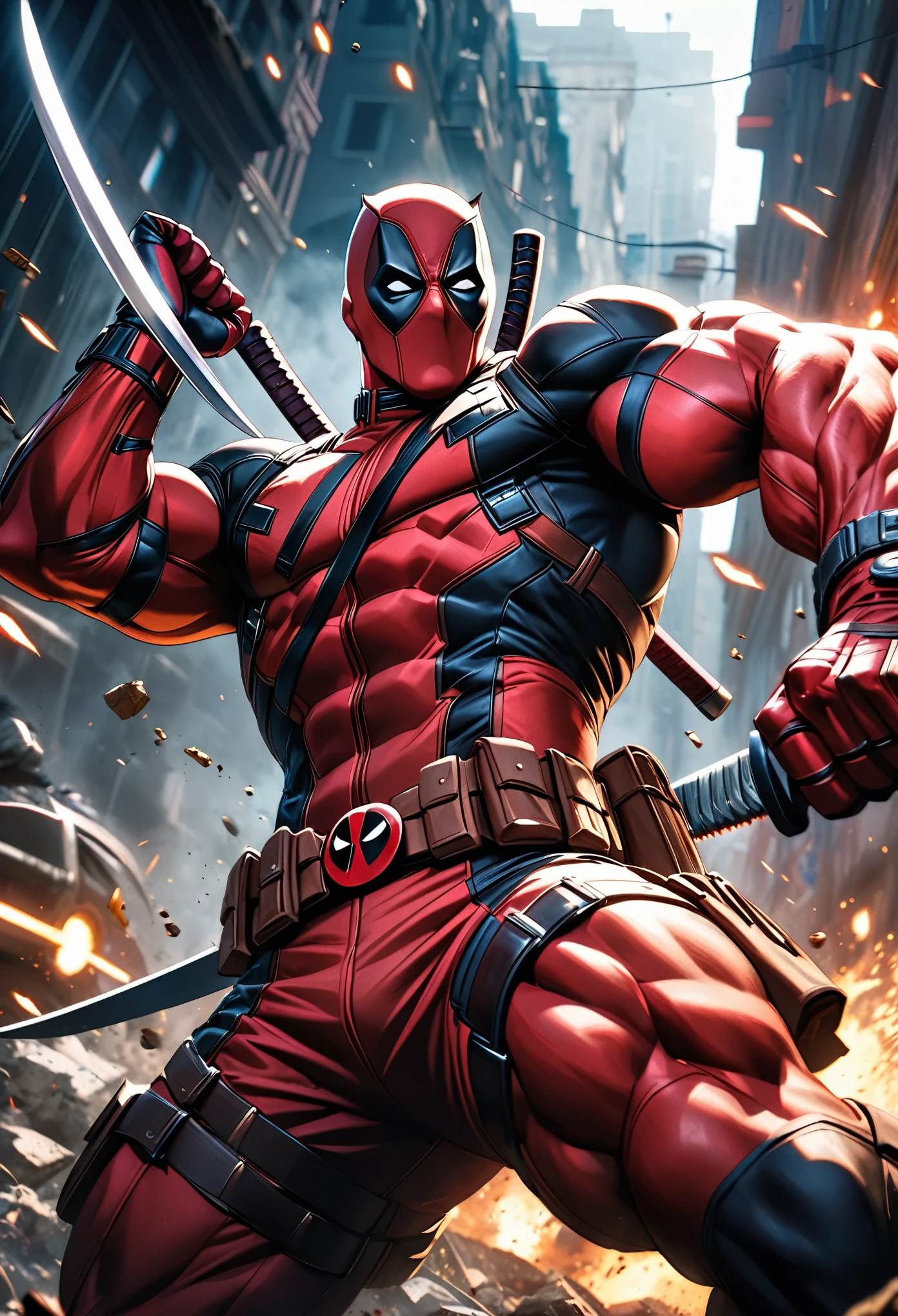 deadpool, wolverine, marvel characters, dynamic fighting action, dramatic, maximum character appeal, cinematic impression, high quality, hyper detailed, intricate details, realistic, cinematic lighting, vivid colors, epic, heroic, intense, powerful, muscular anatomy, complex costumes, intricate details, dynamic poses, cinematic framing, impactful, mesmerizing, captivating