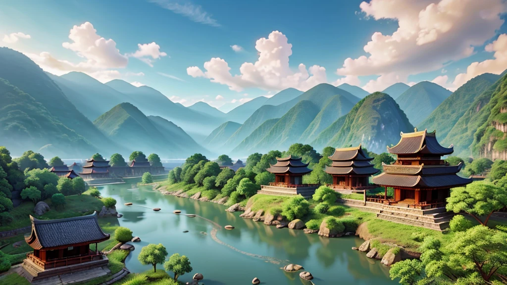 Natural beauty, hàn quốc ancient village. Mountain river. Cloud, Temple. View from the air, mysterious beauty, 8k