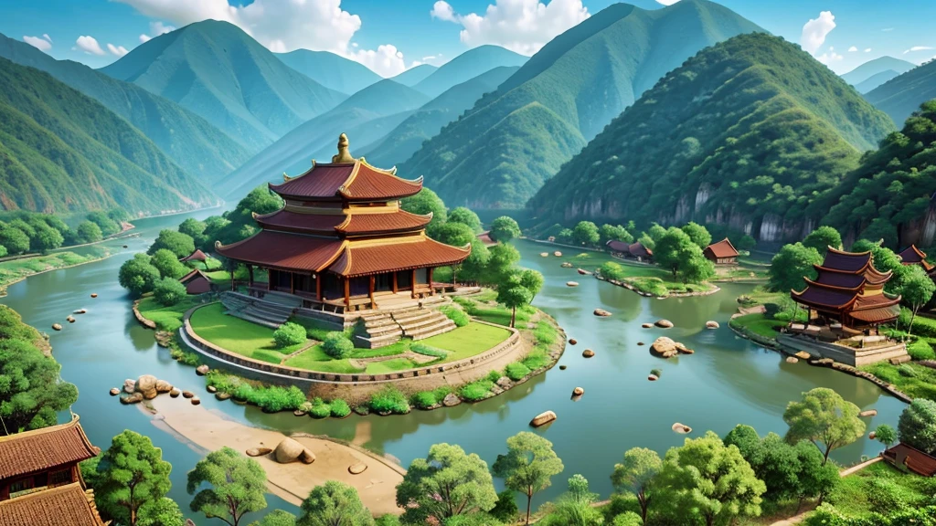 Natural beauty, hàn quốc ancient village. Mountain river. Cloud, Temple. View from the air, mysterious beauty, 8k