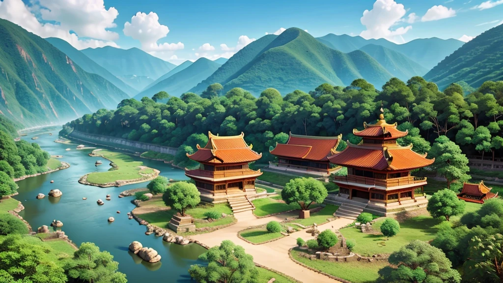 Natural beauty, hàn quốc ancient village.    Mountain river.   Cloud, Temple.   View from the air, mysterious beauty, 8k
