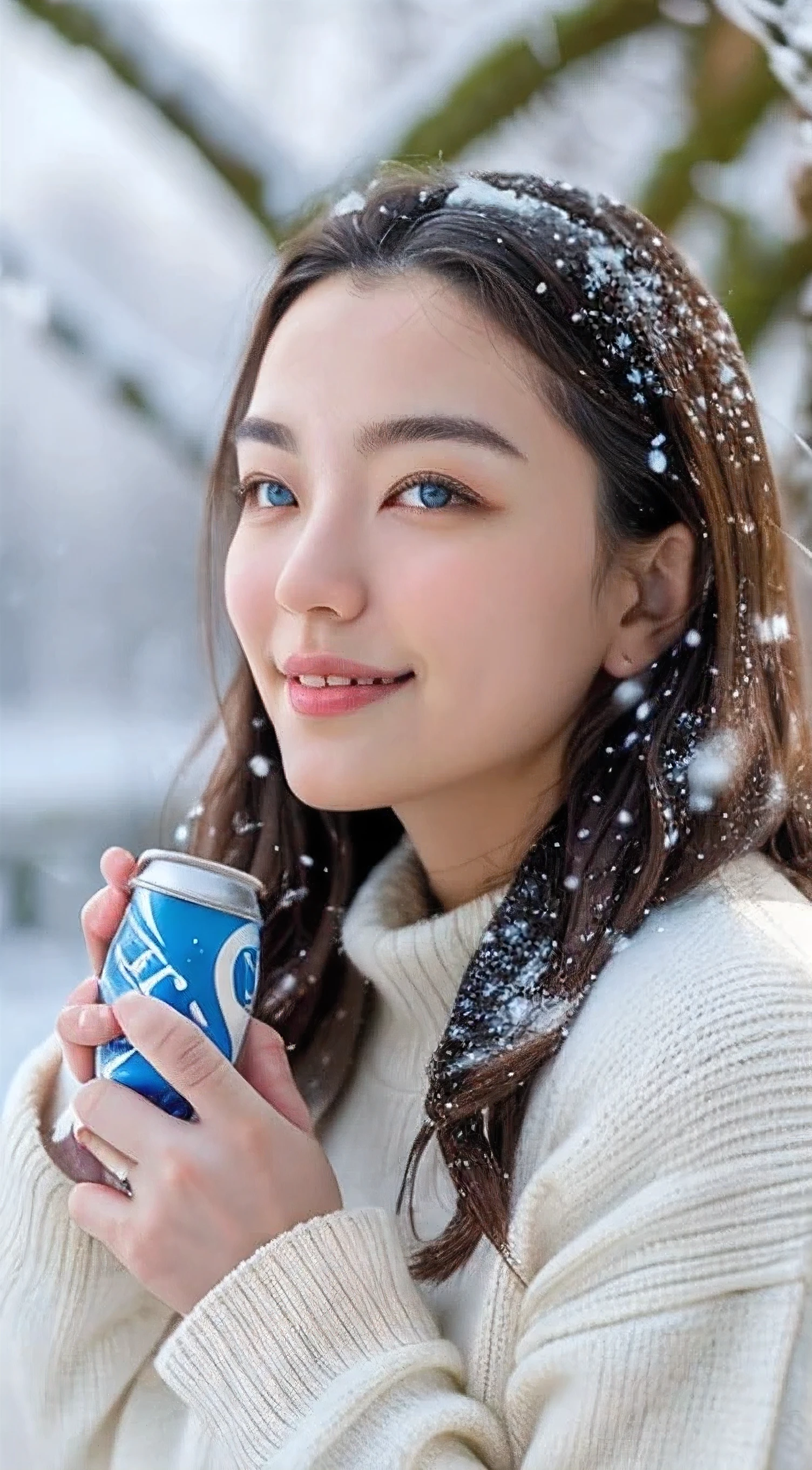 (masterpiece:1.35),(best-quality:1.4),8k,ultra-detailed,photography,(ultra-realistic:1.4),adult girl,long hair,sweater,snowing background,holding energy drink, coca cola brand,beautiful detailed eyes,beautiful detailed lips,extremely detailed face and eyes,longeyelashes,winter,snow,cozy,warm,smiling,calm,natural lighting,soft colors,glowing skin,intricate details