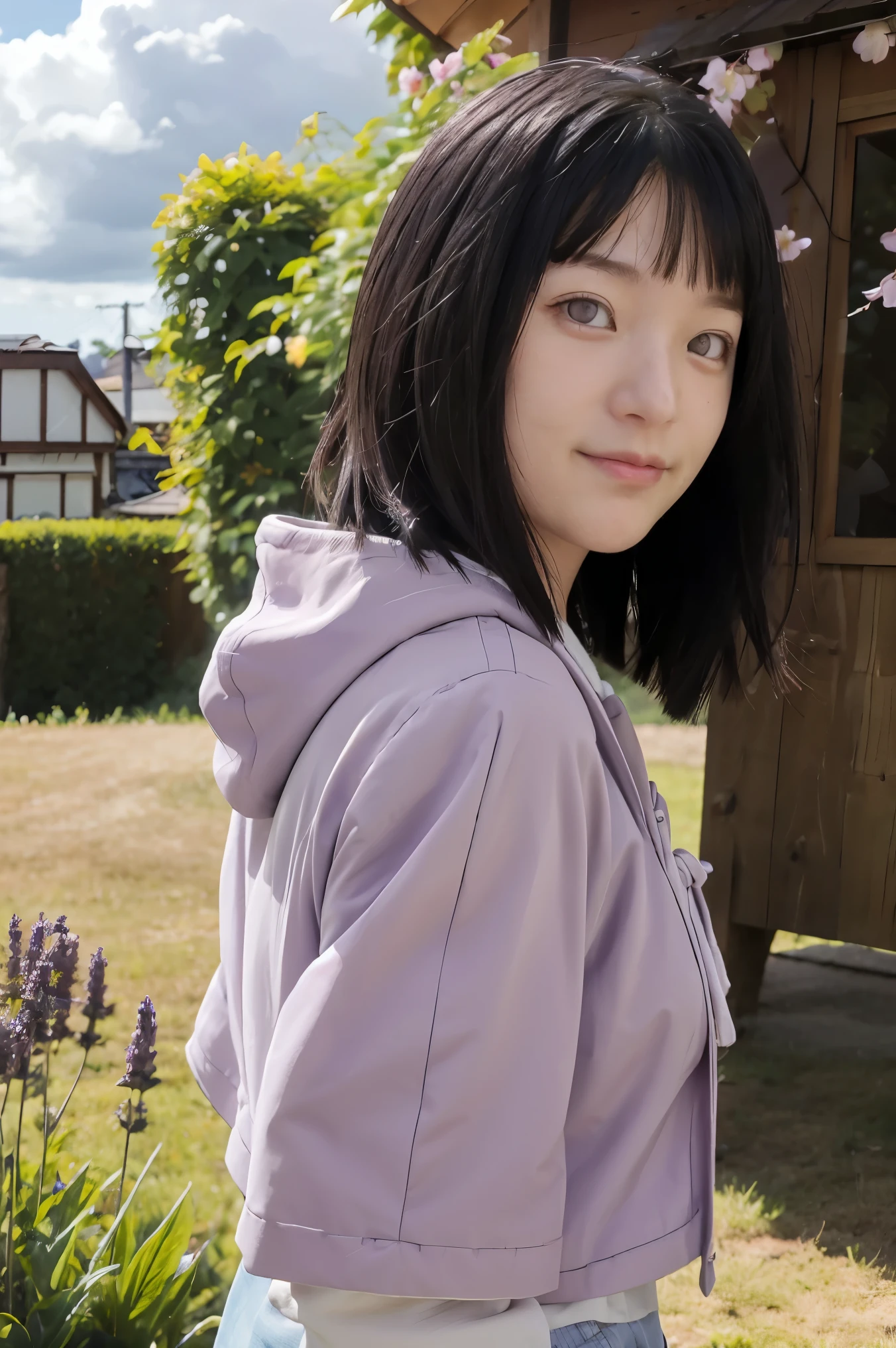 masterpiece, absurdres, hinata\(boruto\), 1girl, solo,mature female, purple hoodie,layered sleeves, brown pants, outdoors,lavender flower field, looking at viewer, (falling petals), cloudy sky, perfect composition, detailed lips, big breast, beautiful face, body propotion, blush, (pink lips), long hair, purple eyes, soft gaze, sad smile, super realistic, detailed, photoshoot, realistic face and body, realistic hair, realistic eyes, realistic nose, realistic lips