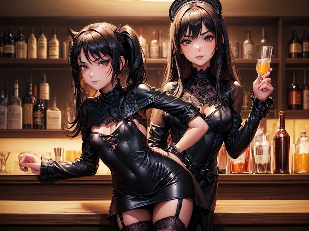 (((top-quality, masterpiece))), (best quality), (detailed), (((one young girl))), (solo girl), (bartender girl), happy, charming, smiling, ((highly detailed beautiful face)), delicate girl, delicate face, dark hair, long hair, poney tail,  dark eyes, black eyes, dark look, ((small breasts)), nice hips, flat belly, slim waist, define collarbone, (((sofisticated and detailed black leather dress))), ((sexy dress)), (((black lace stocking))), standing in front of a bar counter, sexy pose, cinematic shadow, filling beer cup, irish pub atmoshpere, she is leaning against the bar counter, she leans forward, and we can see a large cleavage