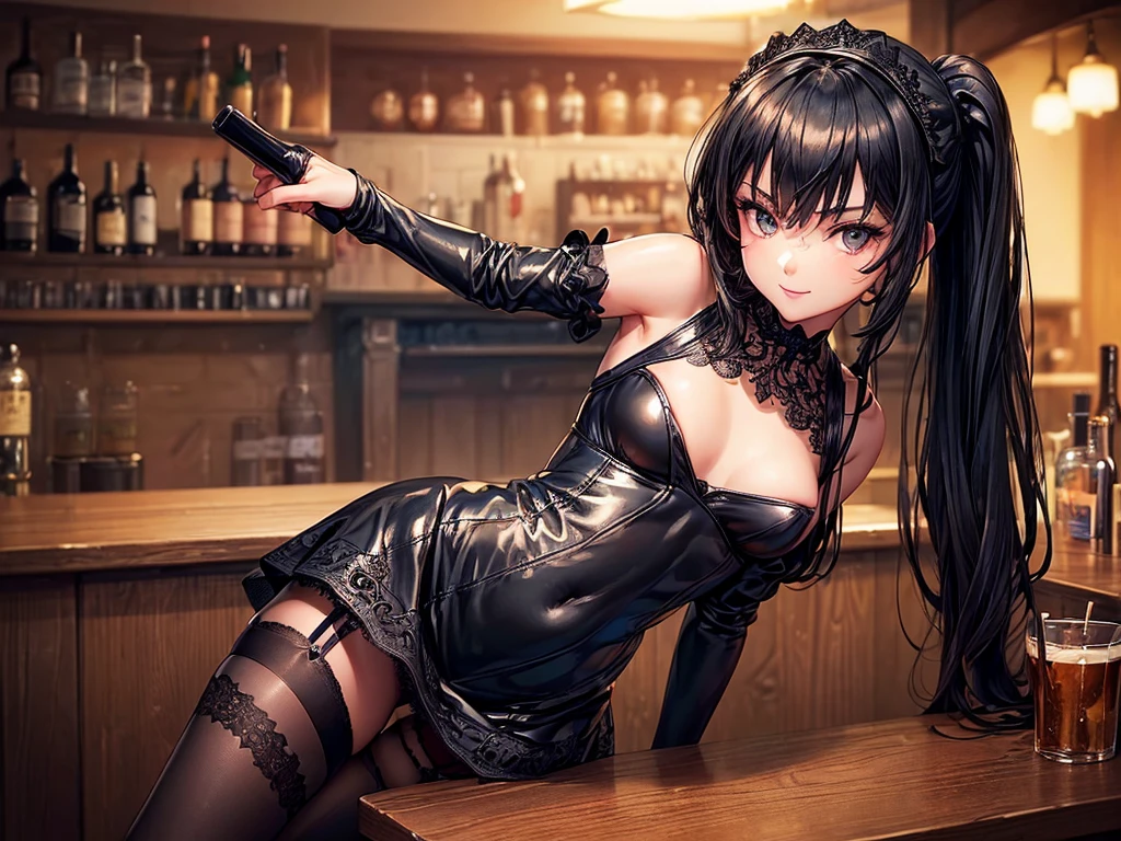 (((top-quality, masterpiece))), (best quality), (detailed), (((one young girl))), (solo girl), (bartender girl), happy, charming, smiling, ((highly detailed beautiful face)), delicate girl, delicate face, dark hair, long hair, poney tail,  dark eyes, black eyes, dark look, ((small breasts)), nice hips, flat belly, slim waist, define collarbone, (((sofisticated and detailed black leather dress))), ((sexy dress)), (((black lace stocking))), standing in front of a bar counter, sexy pose, cinematic shadow, filling beer cup, irish pub atmoshpere, she is leaning against the bar counter, she leans forward, and we can see a large cleavage