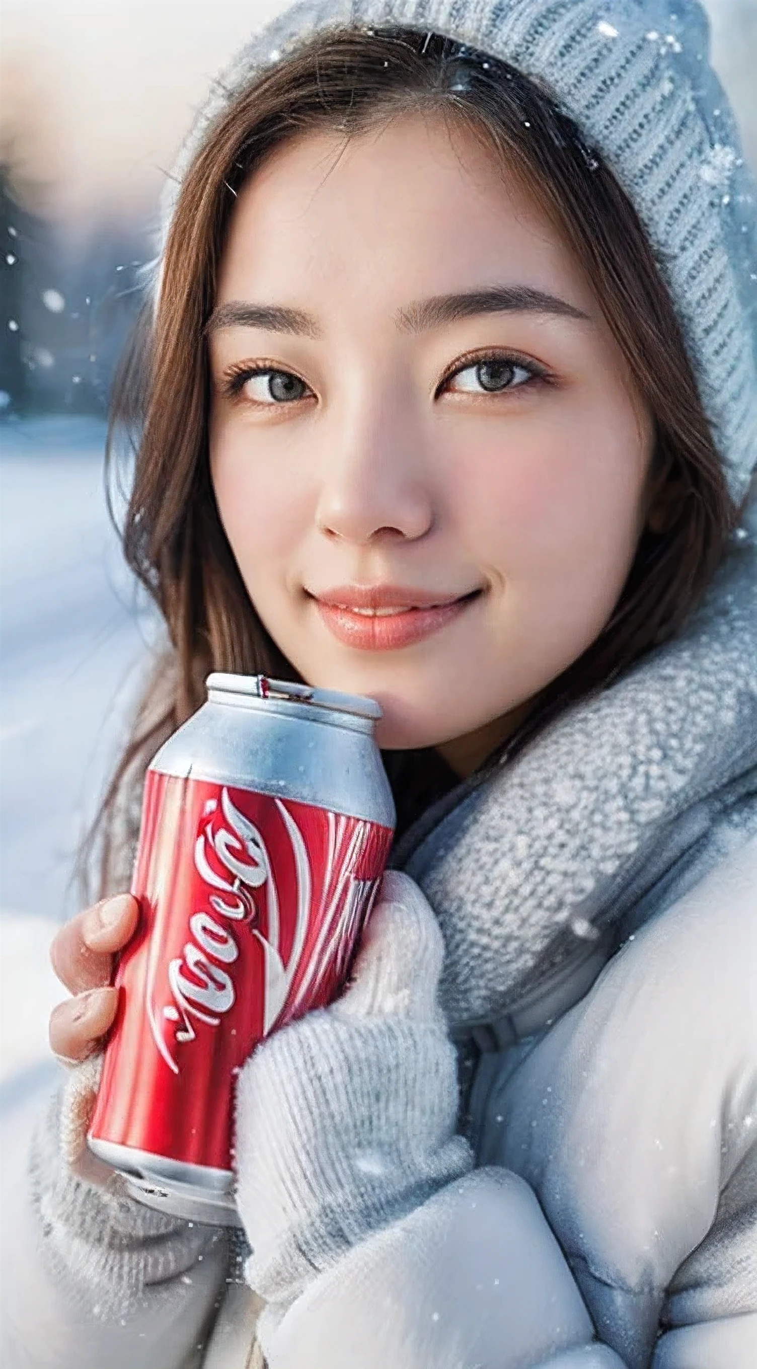 (masterpiece:1.35),(best-quality:1.4),8k,ultra-detailed,photography,(ultra-realistic:1.4),adult girl,long hair,sweater,snowing background,holding energy drink, coca cola brand,beautiful detailed eyes,beautiful detailed lips,extremely detailed face and eyes,longeyelashes,winter,snow,cozy,warm,smiling,calm,natural lighting,soft colors,glowing skin,intricate details