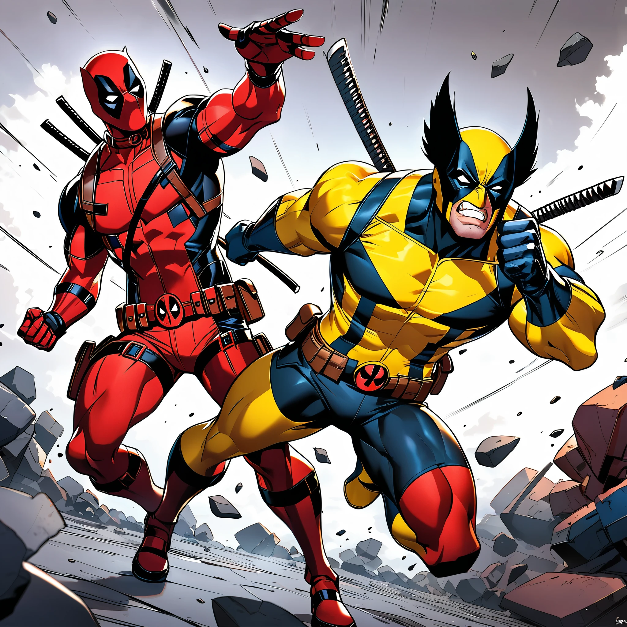 1Deadpool & 1Wolverine, marvel Characters, Dynamic Action, Promotional poster for new movie, Express the charm of the characters to the fullest, Make the viewer want to watch the movie,