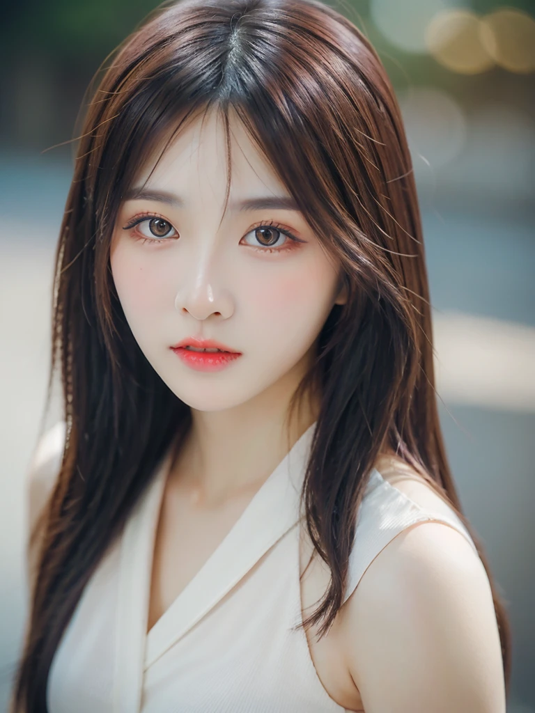 a beautiful asian woman with long brown hair, intricate hairstyle, elegant pose, 1girl, detailed facial features, beautiful eyes, detailed lips, fashionable dress, skirt, high heels, natural lighting, photorealistic, 8k, high quality, detailed textures, cinematic composition, warm color tones, soft focus, bokeh background