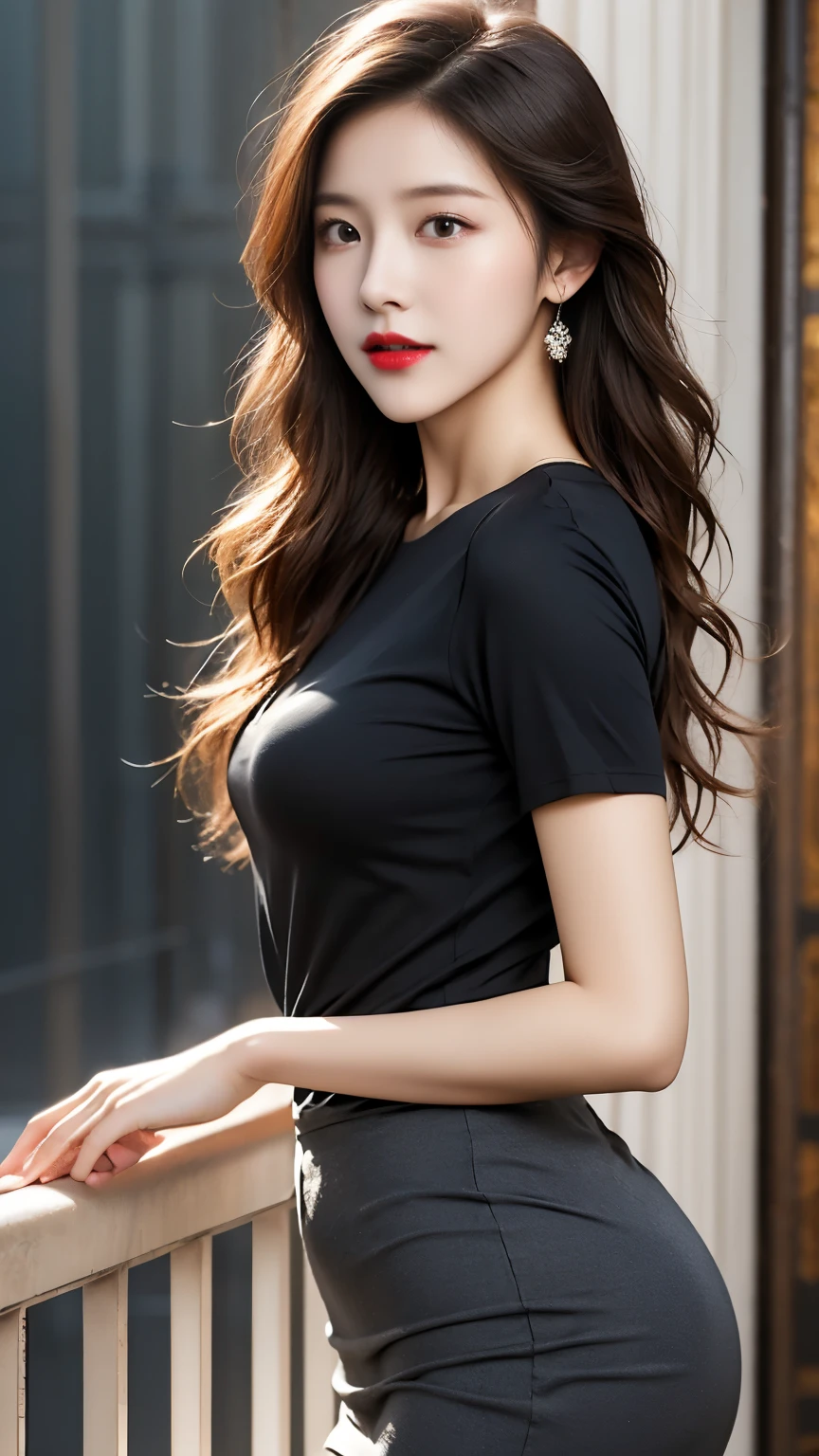 Beautiful girl college student, masterpiece, light makeup, red lips, redhead, messy long hair, pure background, beautiful, elegant. super fine details, masterpieces, realistic texture, cinematic lighting realism, perfect job, High resolution, exquisite features, black shirt, Black butt skirt, and exquisite curves