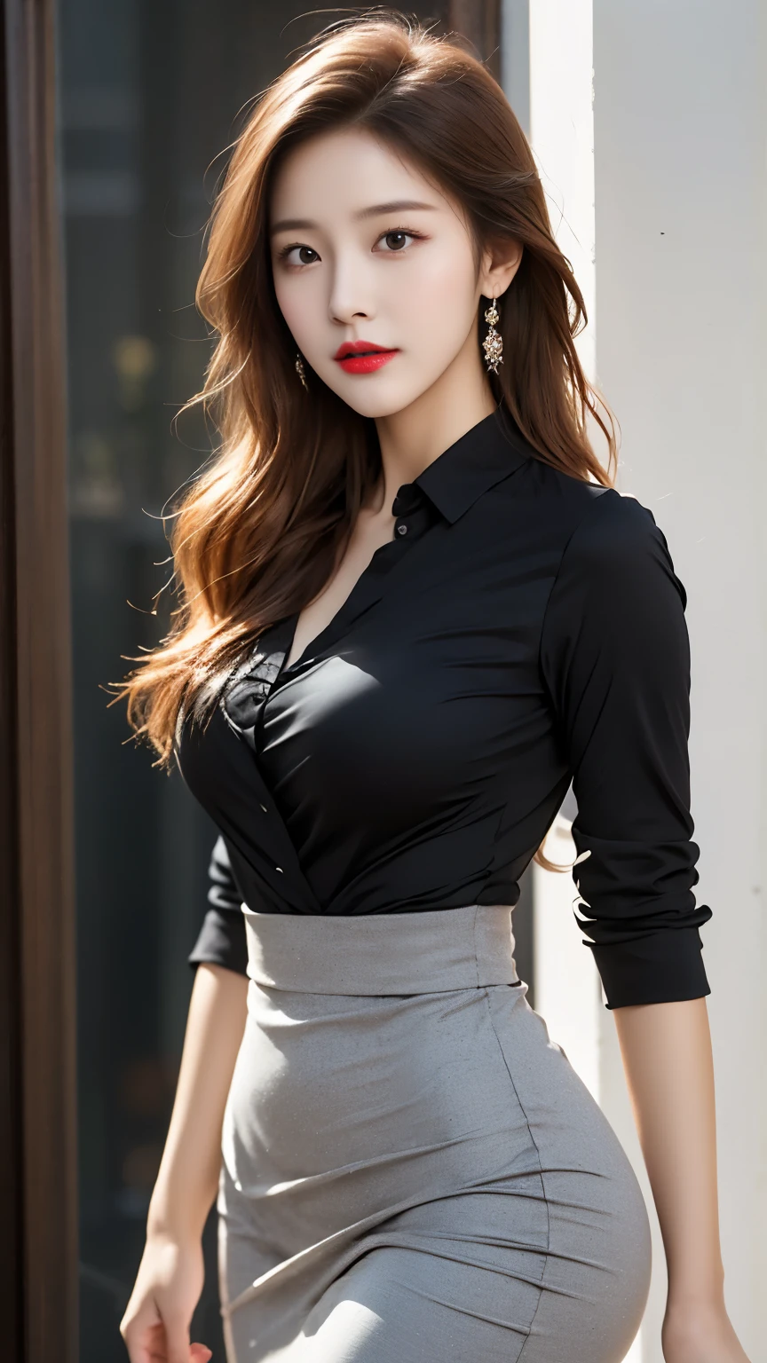 Beautiful girl college student, masterpiece, light makeup, red lips, redhead, messy long hair, pure background, beautiful, elegant. super fine details, masterpieces, realistic texture, cinematic lighting realism, perfect job, High resolution, exquisite features, black shirt, Black butt skirt, and exquisite curves