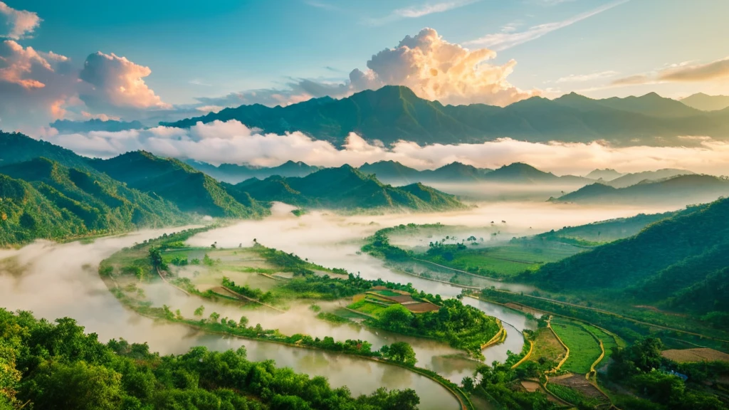 Natural beauty, hàn quốc ancient village.    Mountain river.   Cloud, Temple.   View from the air, mysterious beauty, 8k