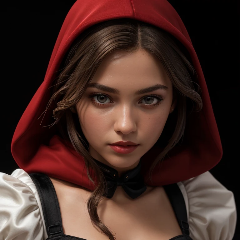 ((extreme detail)),(ultra-detailed), extremely detailed CG unity 8k wallpaper, velvet, figurine, red hood, crop top, star headdress, puffy sleeves, lips, looking away, close-up, head turn, black background