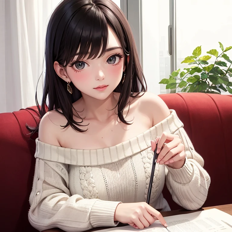 ((best quality)), ((masterpiece)), (detailed), 1girl, off-shoulder sweater, 