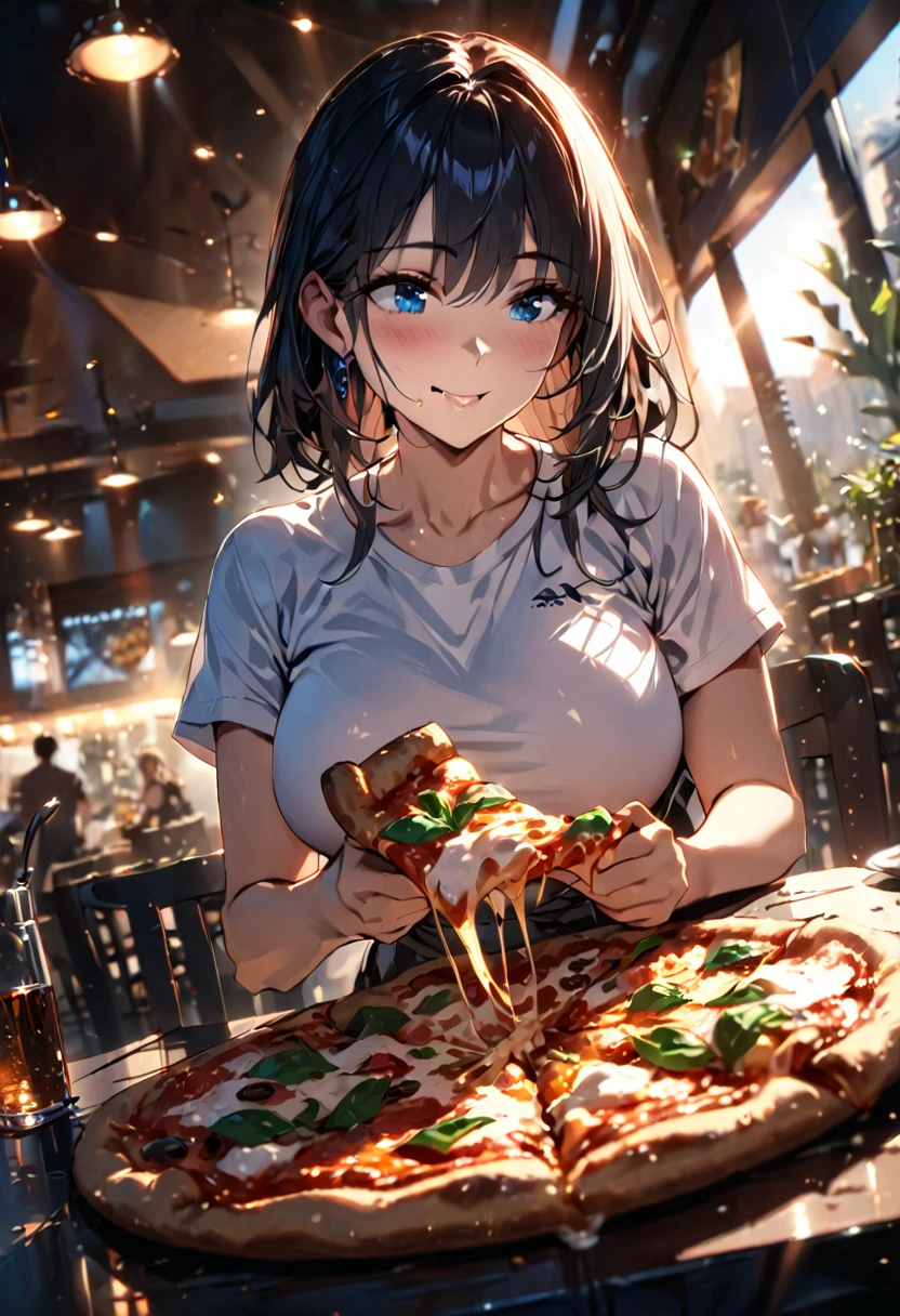 cheered up,1 girl,long black fur,blue eyes, White shirt, short sleeves, T-shirt, big breasts,( eating holding pizza :1.5), pizza, leaf, fork, knife, mesa, chair, mesa, restaurant, smiling cinematic angle, cinematic lighting, masterpiece, Best Quality(Depth of field hdr 8k 4k wallpaper cinematic angle, cinematic lighting,:1.5) (masterpiece, Best Quality:2.0), (Depth of field hdr 8k 4k wallpaper cinematic angle, cinematic lighting,:1.5) (masterpiece, Best Quality:2.0)