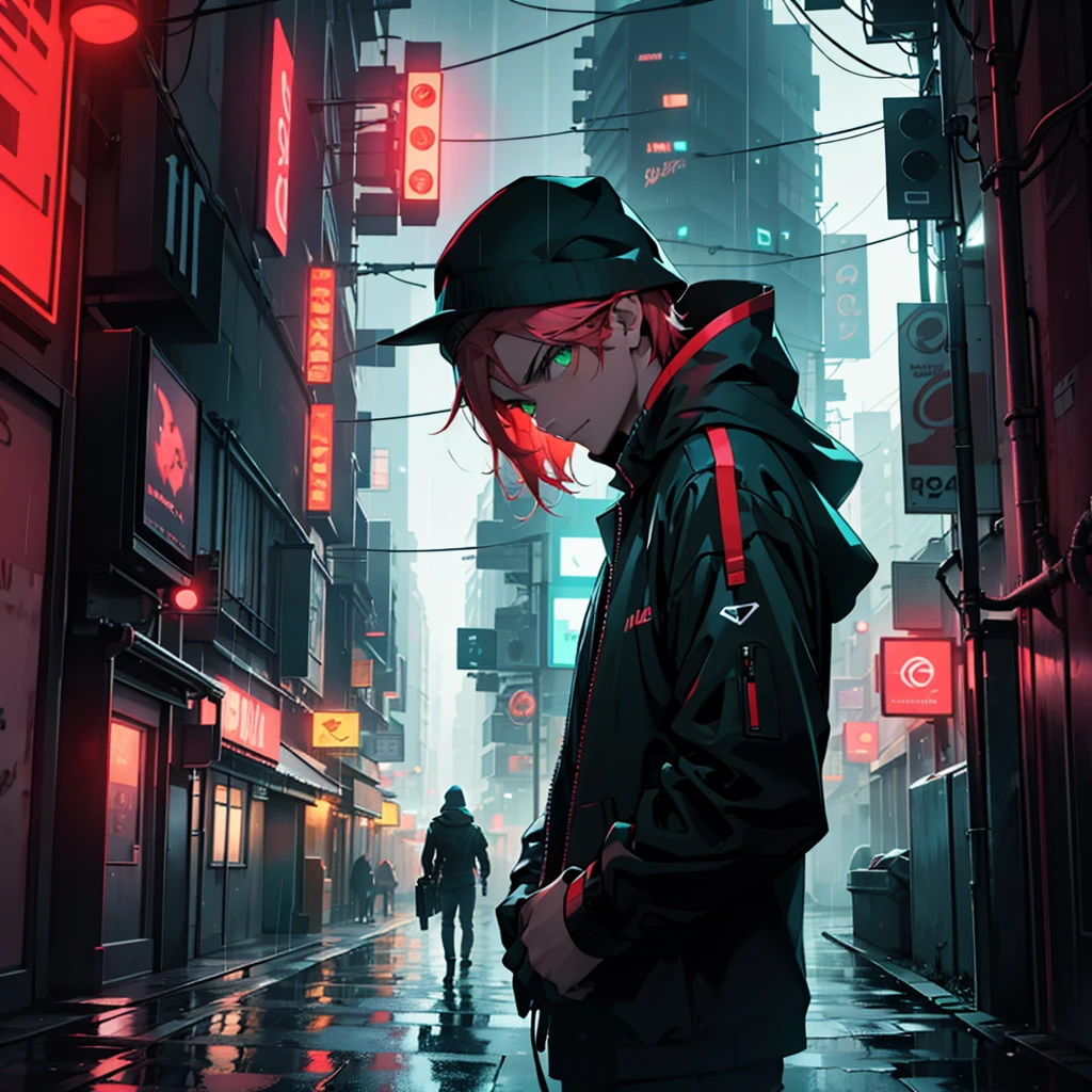 hacker holding a computer in his right hand, in the middle of the rain, everything is dark in a futuristic city where only red lights stand out in that darkness, green eyes coming out red smoke