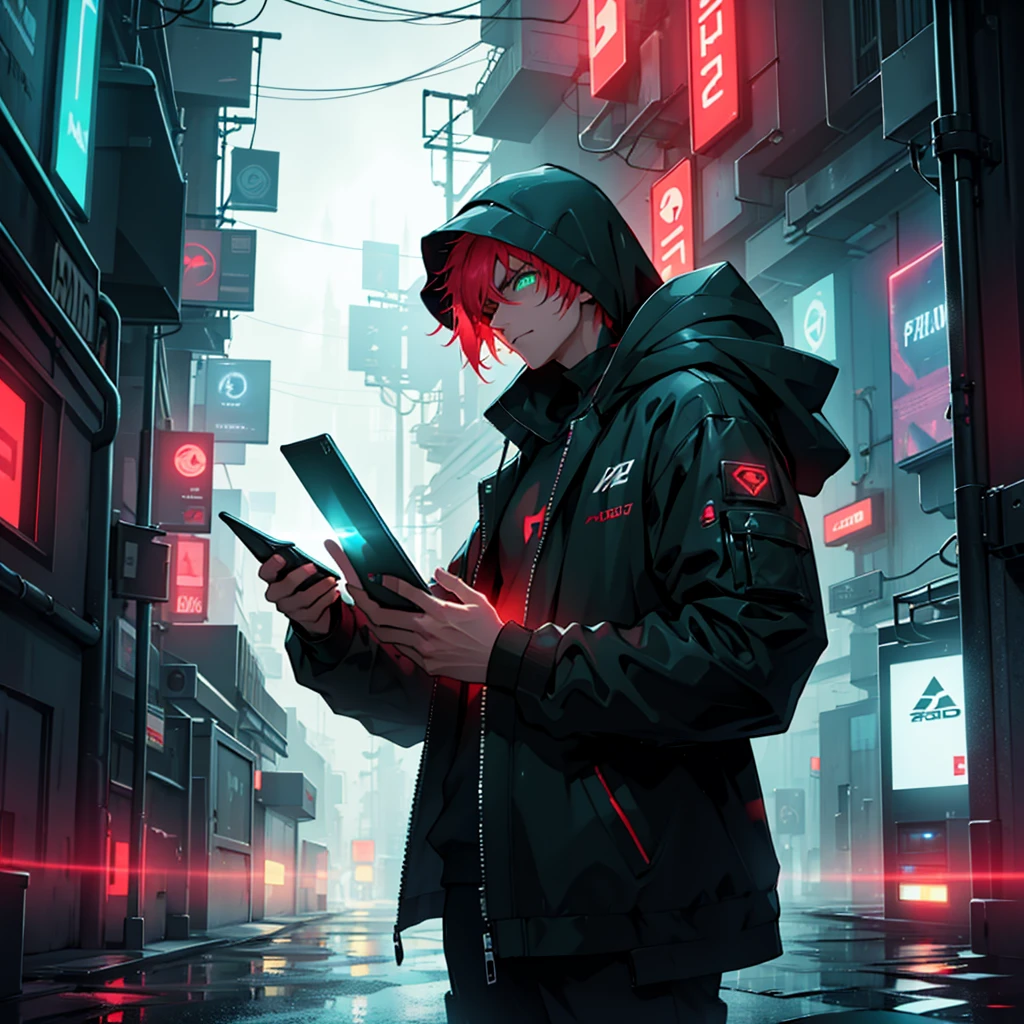 hacker holding a computer in his right hand, in the middle of the rain, everything is dark in a futuristic city where only red lights stand out in that darkness, green eyes coming out red smoke