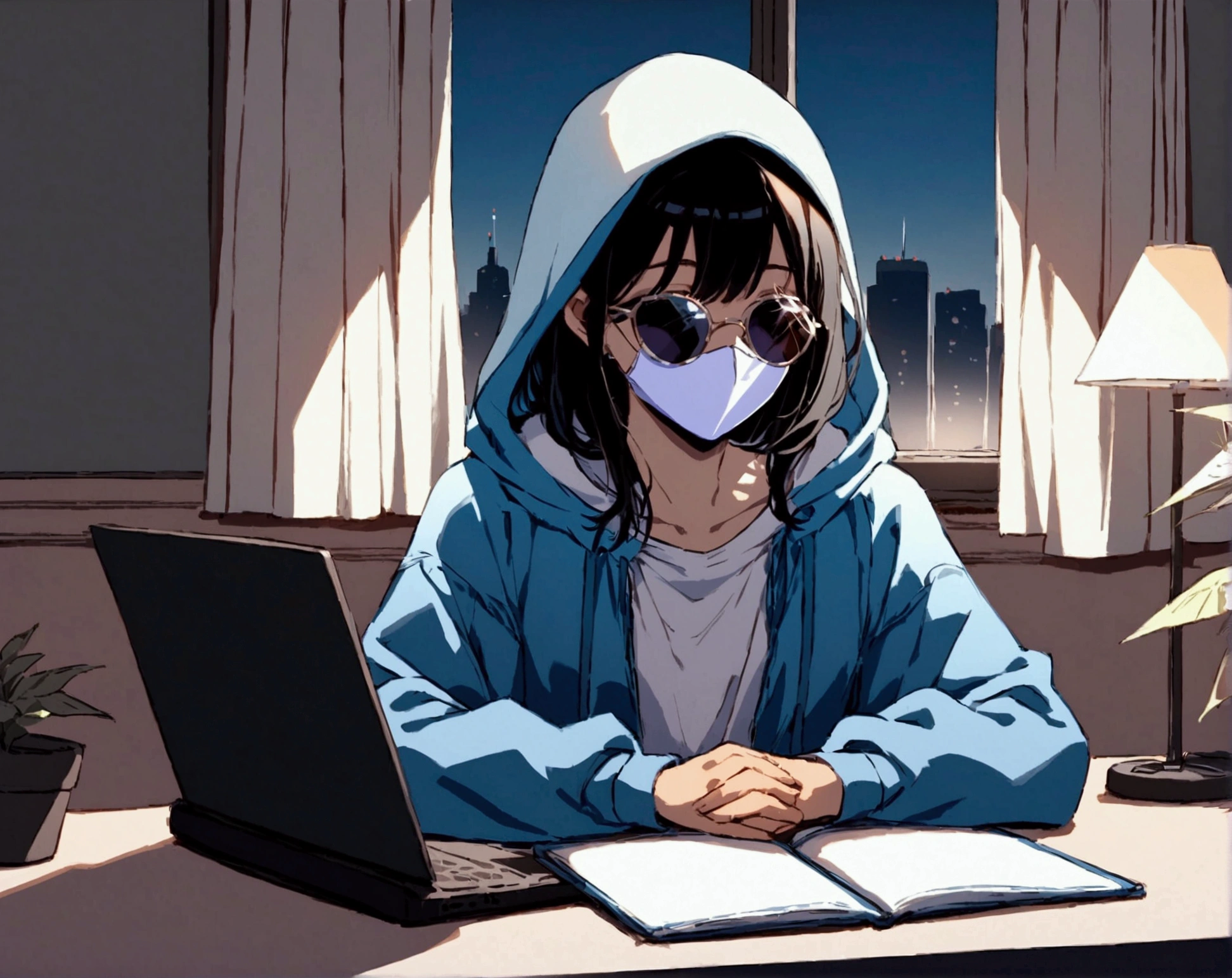 Digital illustration of a person sitting at a desk in a modern, dimly lit room with a cityscape visible through the window. The subject is wearing a light blue hoodie, sunglasses, and a white face mask, with short black hair. The desk features a laptop, a smartphone, a small potted plant, and a cup, all arranged neatly. The background includes a lamp with a warm light, another potted plant, and a few books. The overall color palette is a mix of warm and cool tones, creating a balanced and serene atmosphere.