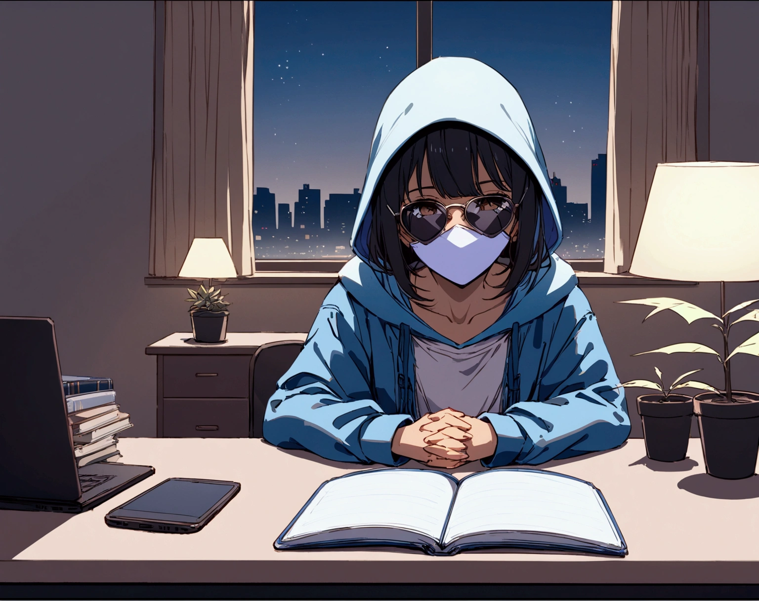 Digital illustration of a person sitting at a desk in a modern, dimly lit room with a cityscape visible through the window. The subject is wearing a light blue hoodie, sunglasses, and a white face mask, with short black hair. The desk features a laptop, a smartphone, a small potted plant, and a cup, all arranged neatly. The background includes a lamp with a warm light, another potted plant, and a few books. The overall color palette is a mix of warm and cool tones, creating a balanced and serene atmosphere.