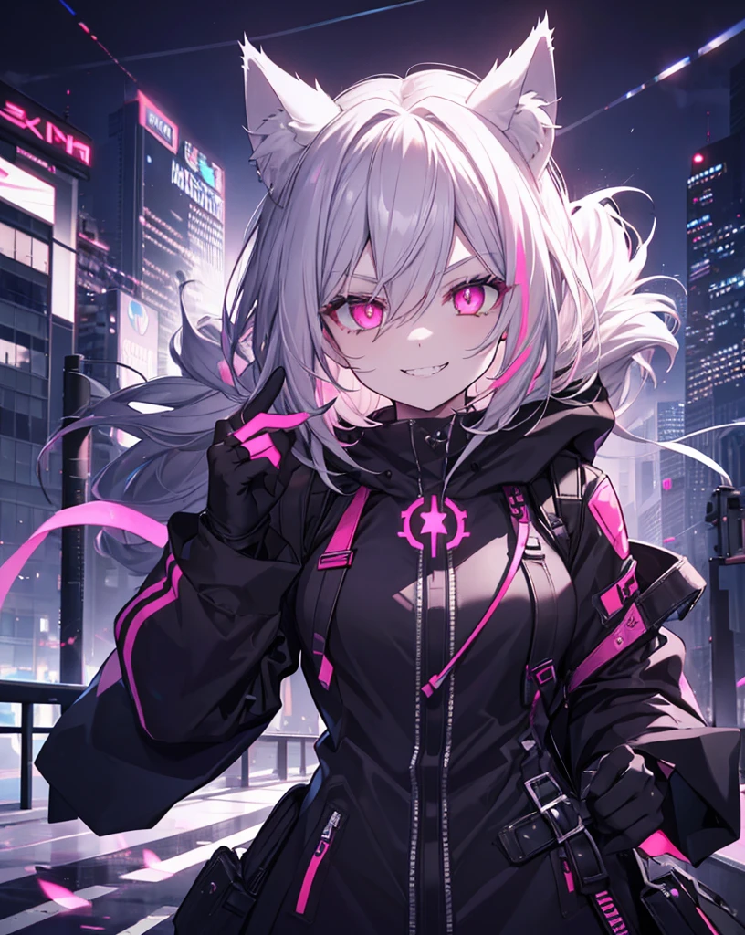 1girl, cat ears, neko ears, She's jumping off a skyscraper.solo, sharp_teeth, teeth, hood, pink_eyes, open_mouth, horns, smile, long_hair, ring, hood_up, gloves, looking_at_viewer, black_gloves, glowing_eyes, jewelry, fur_trim, glowing, hair_between_eyes, fingerless_gloves, building, grey_hair, (neon), (evil smile:1.4), evil . Cute smile with vampire canines, fox tail. Very Dynamic and cinematographic shot,8k.