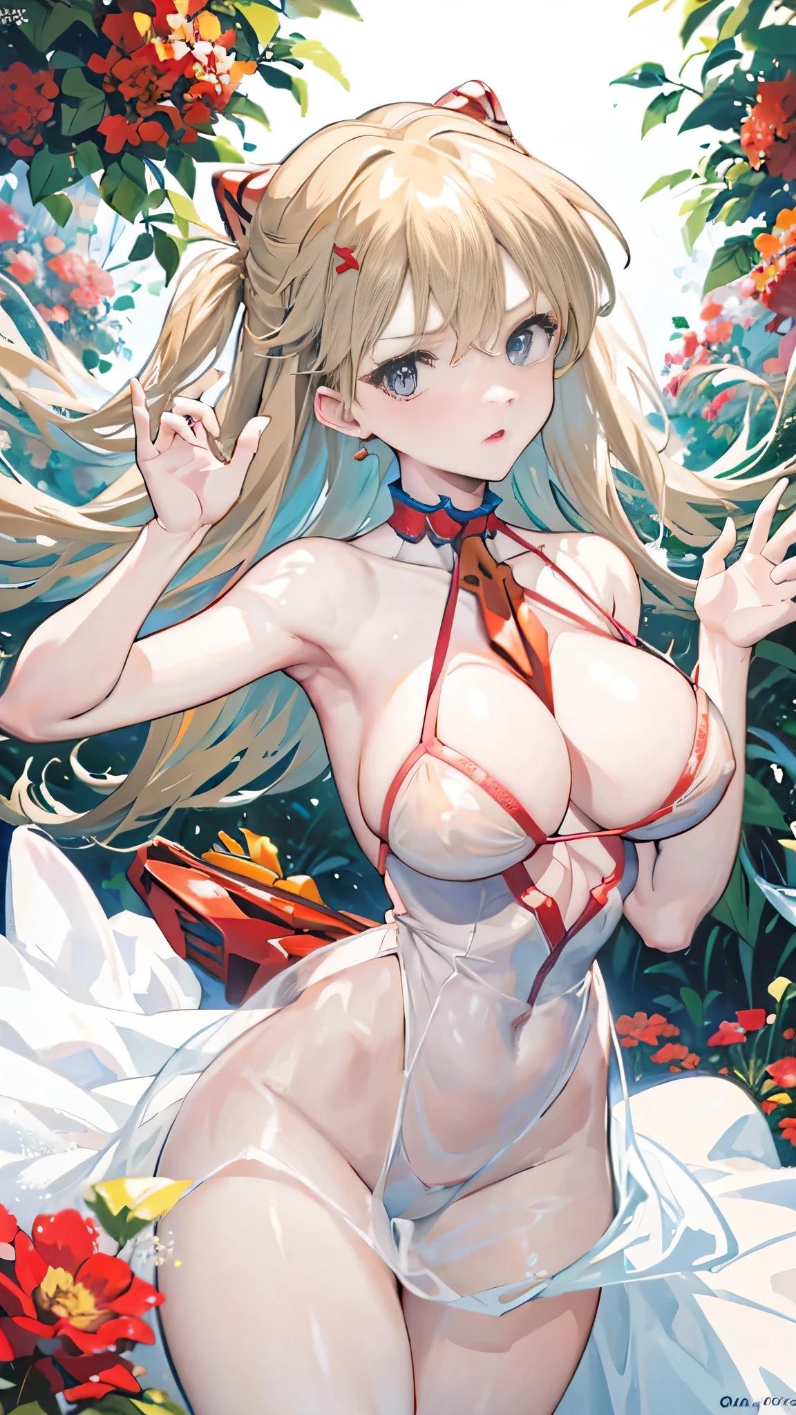 Asuka, transparent white dress, huge tits, erotic pose, Flower garden 