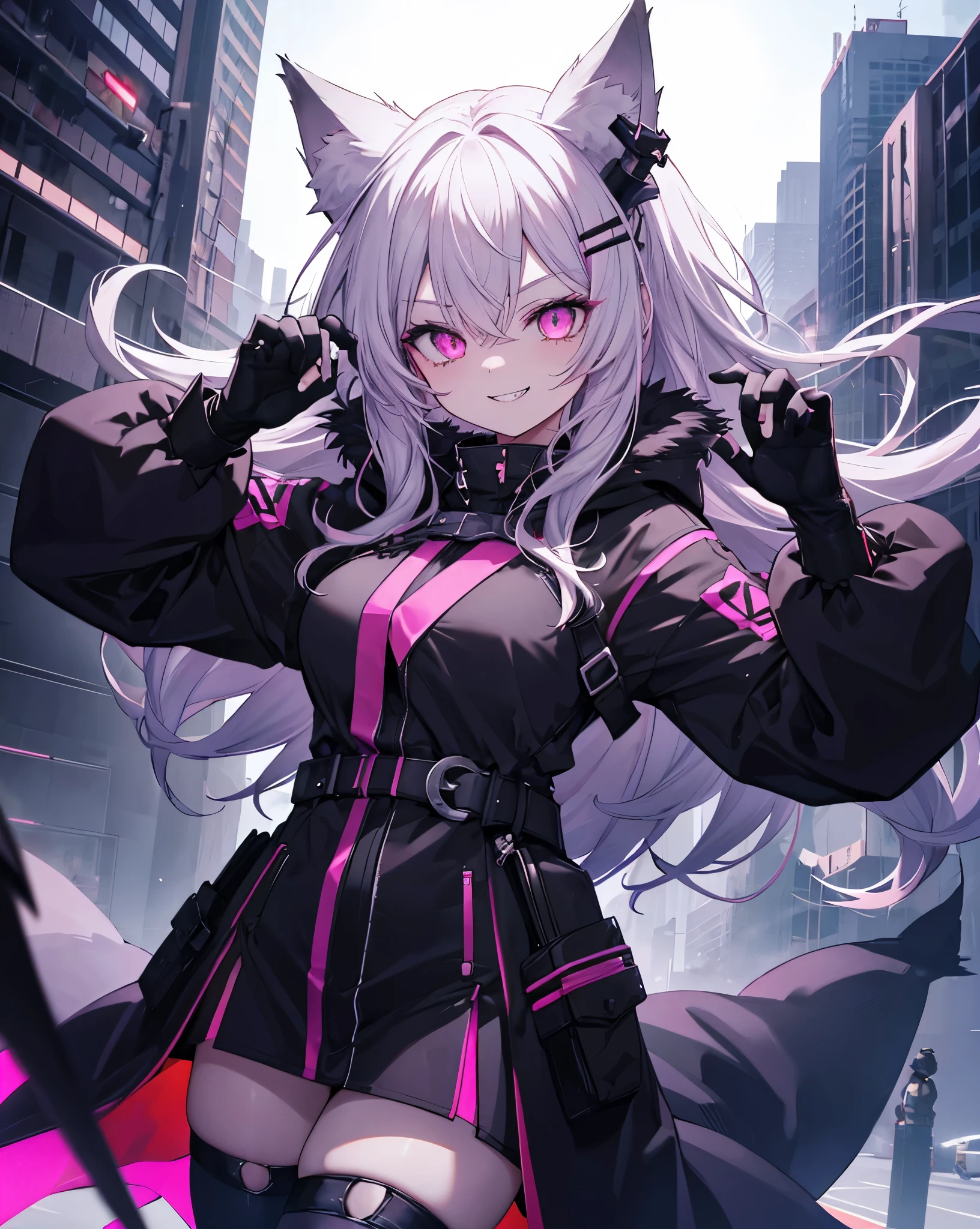 1girl, cat ears, neko ears, She's jumping off a skyscraper.solo, sharp_teeth, teeth, hood, pink_eyes, open_mouth, horns, smile, long_hair, ring, hood_up, gloves, looking_at_viewer,  black_gloves, glowing_eyes, jewelry, fur_trim, glowing, hair_between_eyes, fingerless_gloves, building, grey_hair, (neon), (evil smile:1.4), evil  . Cute smile with vampire canines, fox tail. Very Dynamic and cinematographic shot,8k.
Bare shoulders, sexy shorts, she's flirting.