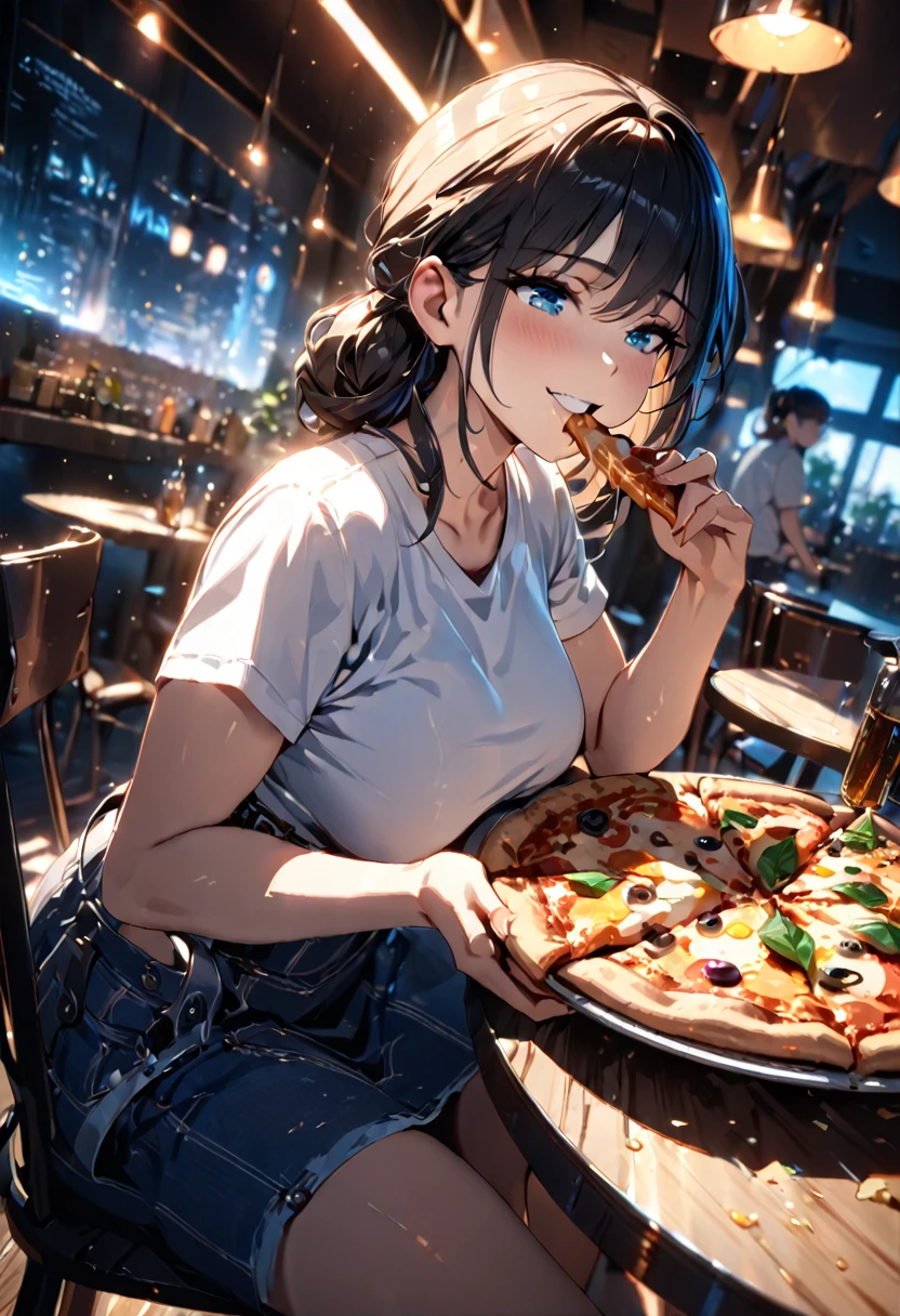cheered up,1 girl,long black fur,blue eyes, White shirt, short sleeves, T-shirt, big breasts,( eating holding pizza :1.5), pizza, leaf, fork, knife, mesa, chair, mesa, restaurant, smiling cinematic angle, cinematic lighting, masterpiece, Best Quality(Depth of field hdr 8k 4k wallpaper cinematic angle, cinematic lighting,:1.5) (masterpiece, Best Quality:2.0), (Depth of field hdr 8k 4k wallpaper cinematic angle, cinematic lighting,:1.5) (masterpiece, Best Quality:2.0)