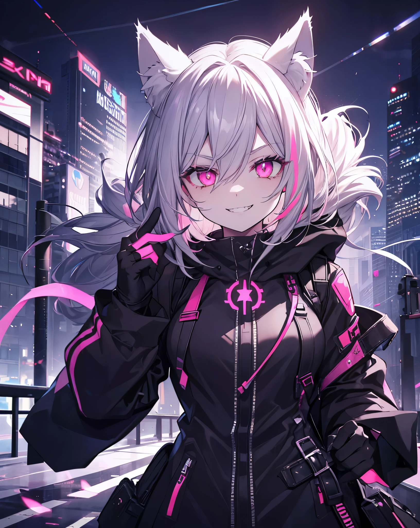 1girl, cat ears, neko ears, She's jumping off a skyscraper.solo, sharp_teeth, teeth, hood, pink_eyes, open_mouth, horns, smile, long_hair, ring, hood_up, gloves, looking_at_viewer, black_gloves, glowing_eyes, jewelry, fur_trim, glowing, hair_between_eyes, fingerless_gloves, building, grey_hair, (neon), (evil smile:1.4), evil . Cute smile with vampire canines, fox tail. Very Dynamic and cinematographic shot,8k.