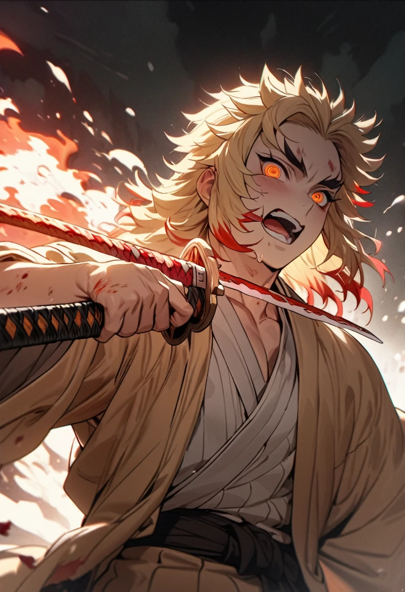 moon_demon,Min_Jaehyun,1boy,blond long hair,blue eyes,mismatched pupils,japanese clothes,blood power