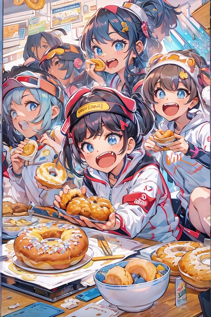 Anime Style、Olympic、Bread eating contest、donut、Biting the medal、Laugh with your teeth showing、full stadium、