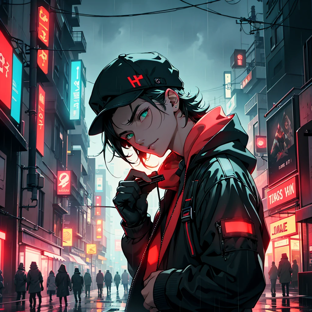 hacker holding a computer in his right hand, in the middle of the rain, everything is dark in a futuristic city where only red lights stand out in that darkness, green eyes coming out red smoke, Bblack hair, with a cap that covers even your eyes

