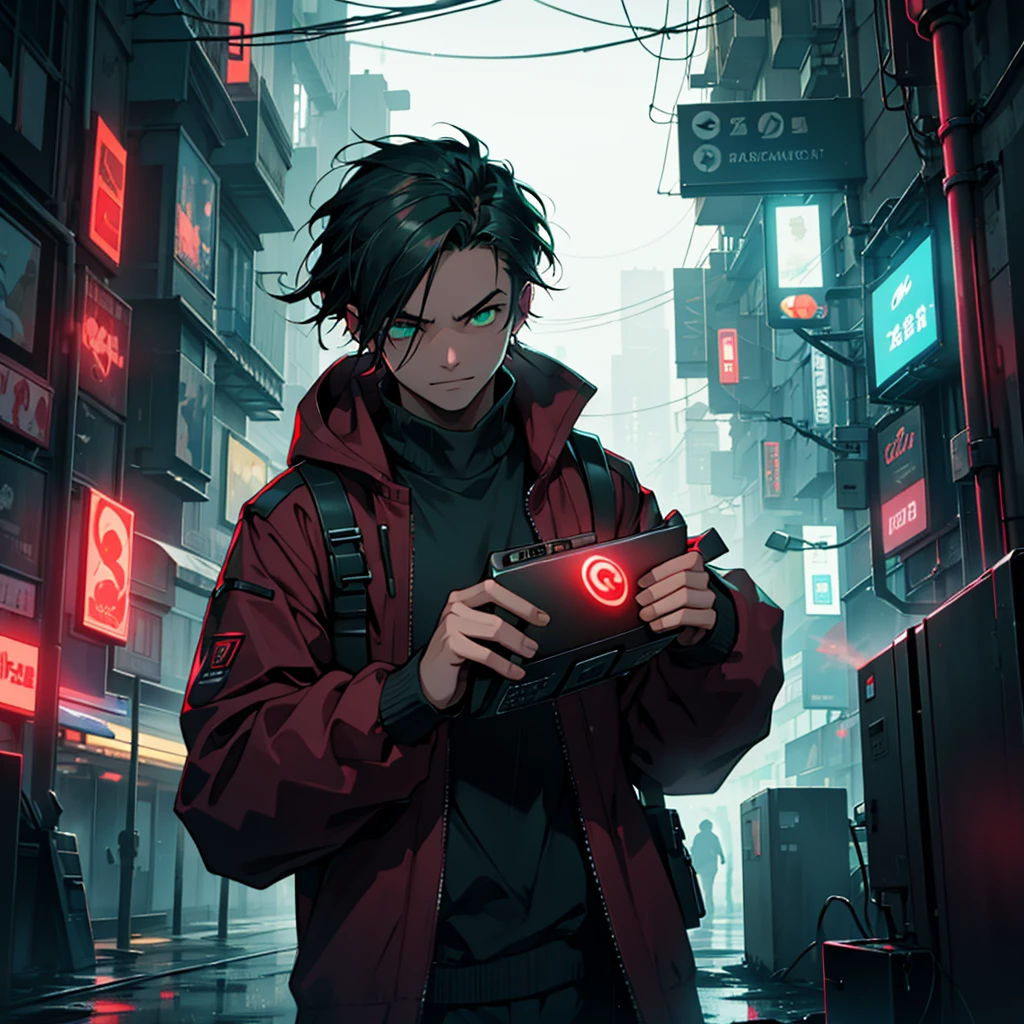 hacker holding a computer in his right hand, in the middle of the rain, everything is dark in a futuristic city where only red lights stand out in that darkness, green eyes coming out red smoke, Bblack hair, with a cap that covers even your eyes