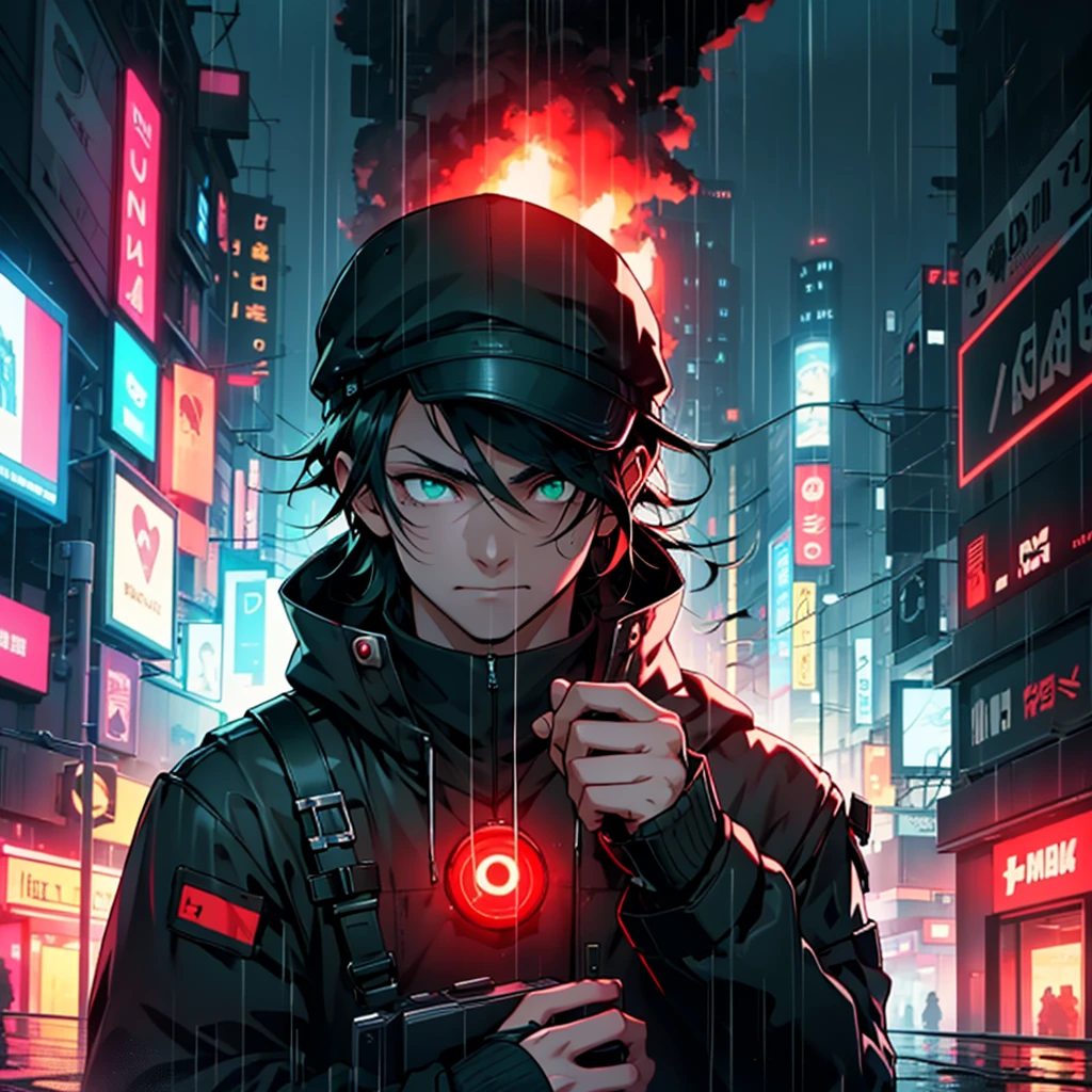 hacker holding a computer in his right hand, in the middle of the rain, everything is dark in a futuristic city where only red lights stand out in that darkness, green eyes coming out red smoke, Bblack hair, with a cap that covers even your eyes
