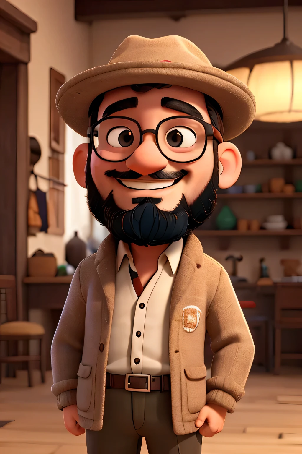 man with round glasses, beard and smiling, with northeastern clothes and cangaçeiro hat