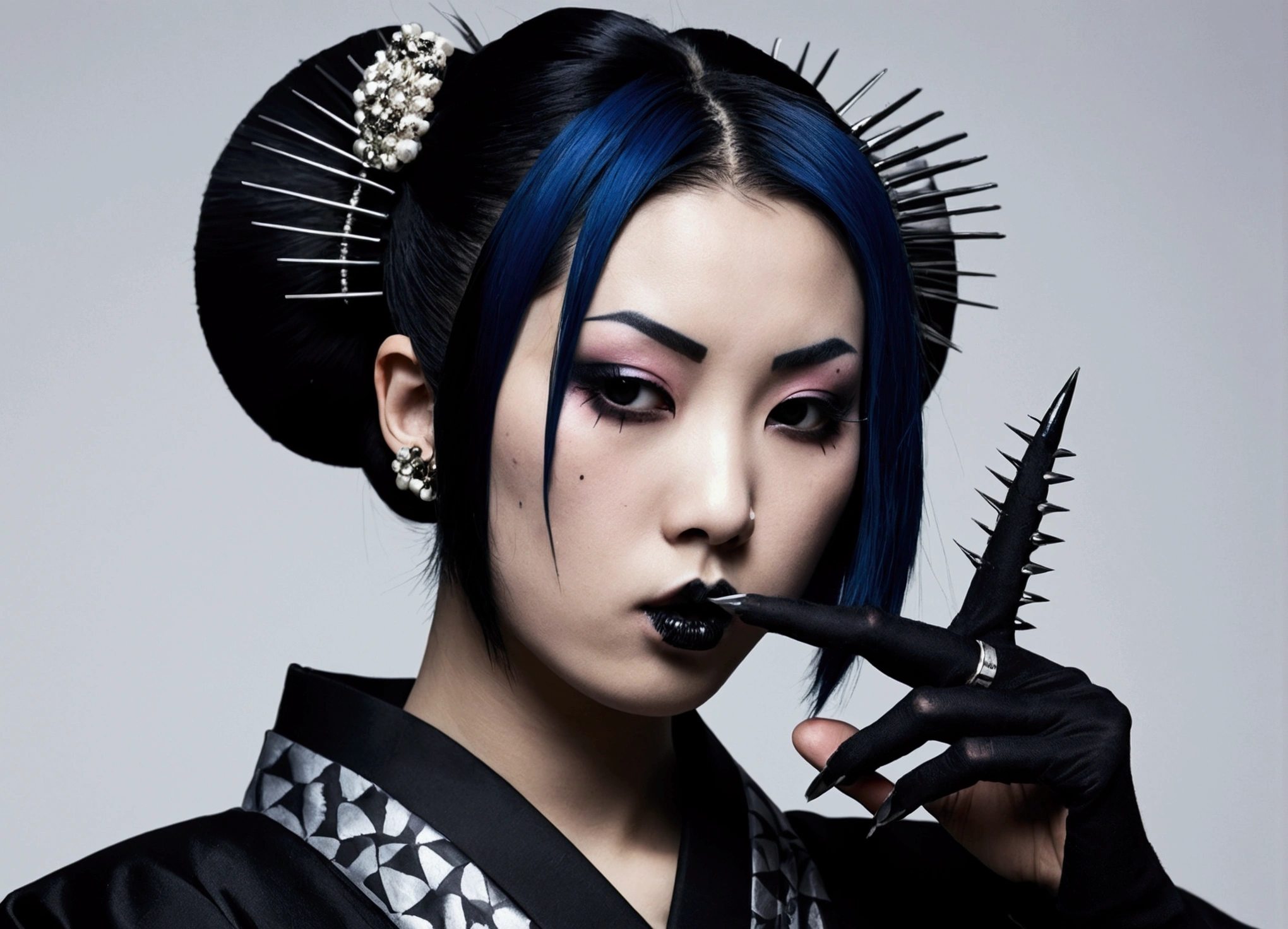 dark broody traditional japanese emo female geisha drooling black ink skinhead, hairgoth, emo goth spikey fashion shoot editorial style, Hypebeast ultra fast fashion gang signs with goth emo accessories