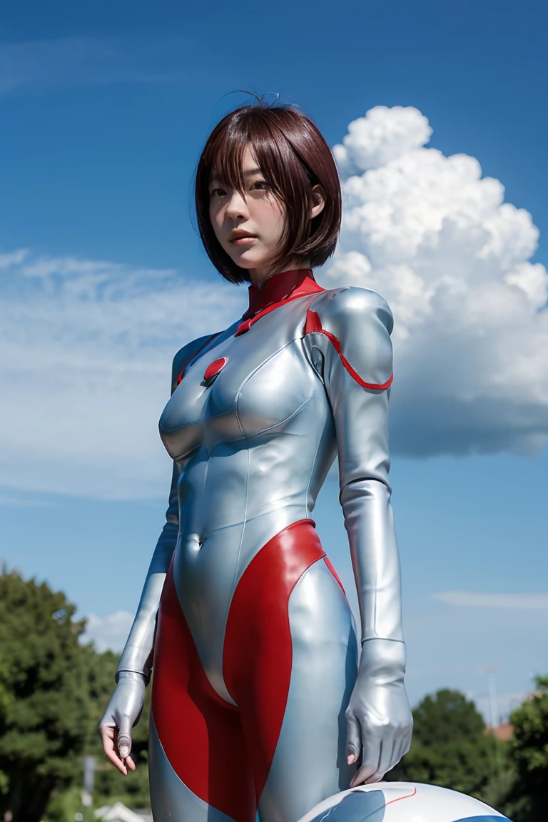 (((blue sky with cloud in background))), Ultraman、realistic、realistic、cinematic lighting, Girl in a shiny red and silver suit、18 years old、professional photo, Japanese model, Japanese cgi、Ultraman Suit、tight and thin cyber suit, Whole body rubbery delicate body, big breasts、small ass、thin thighs、thin arms、thin waist、、Both sides of the cyber suit stick to the skin、Big eyes、black short hair、facing the front、facing the front、A glowing sphere is embedded in the chest.