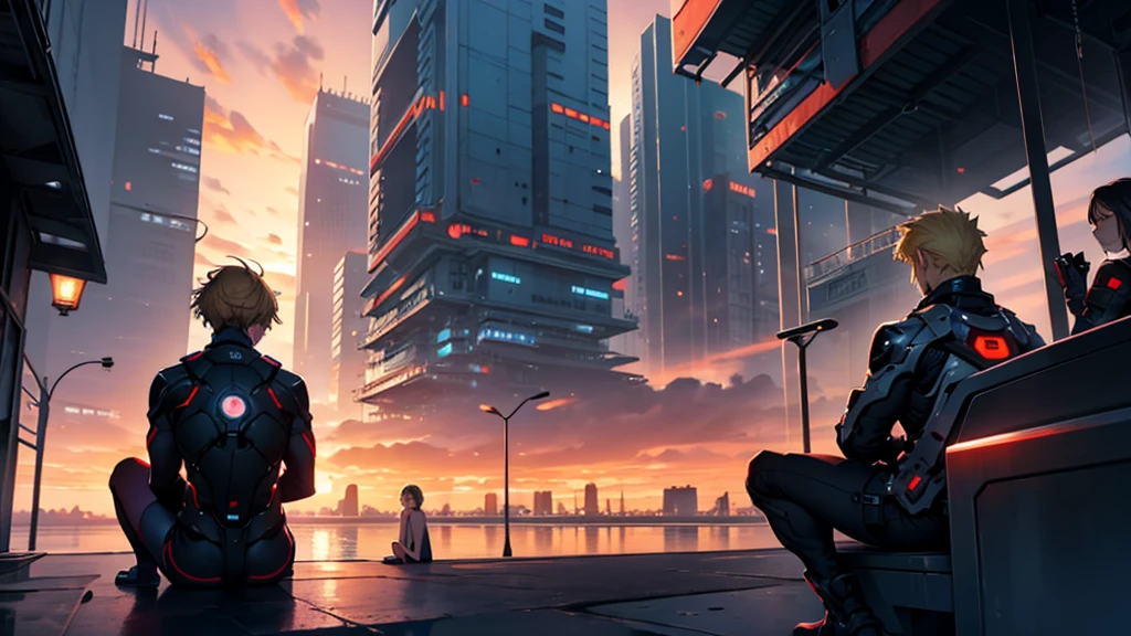 Two teenagers sitting with their backs facing a sunset. The first individual with dark hair and the second individual with blonde hair. in the background a futuristic city.