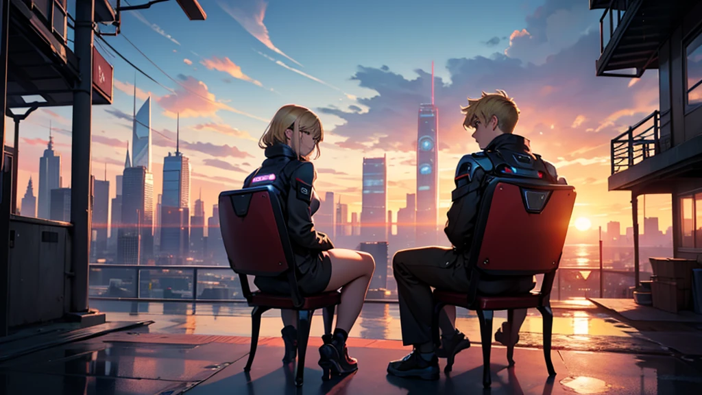 Two agers sitting with their backs facing a sunset. The first individual with dark hair and the second individual with blonde hair. in the background a futuristic city.