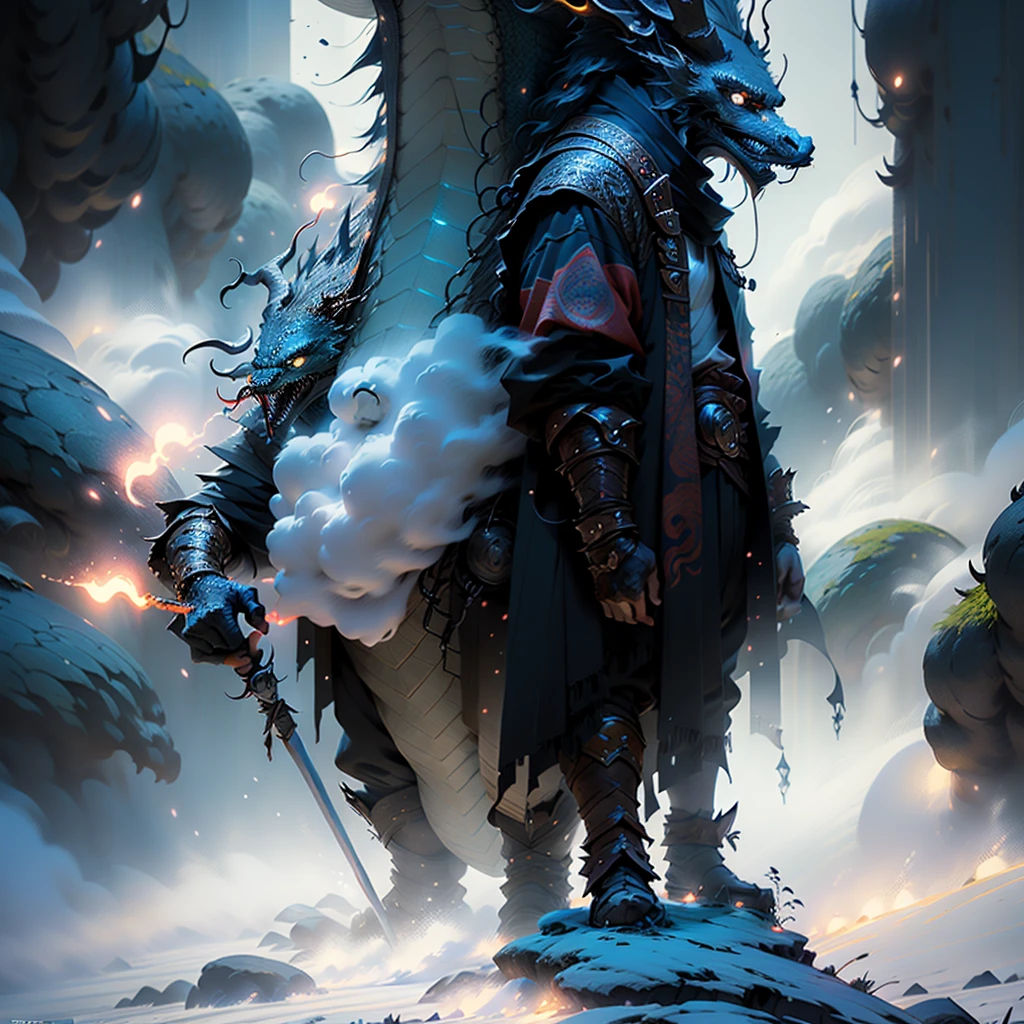 cinematic 8k photo of a powerful dragon, dramatic cloud formations, particle effects, a male warrior wielding a spear, hyper detailed, intricate, masterpiece, photorealistic, dramatic lighting, vibrant colors, cinematic composition